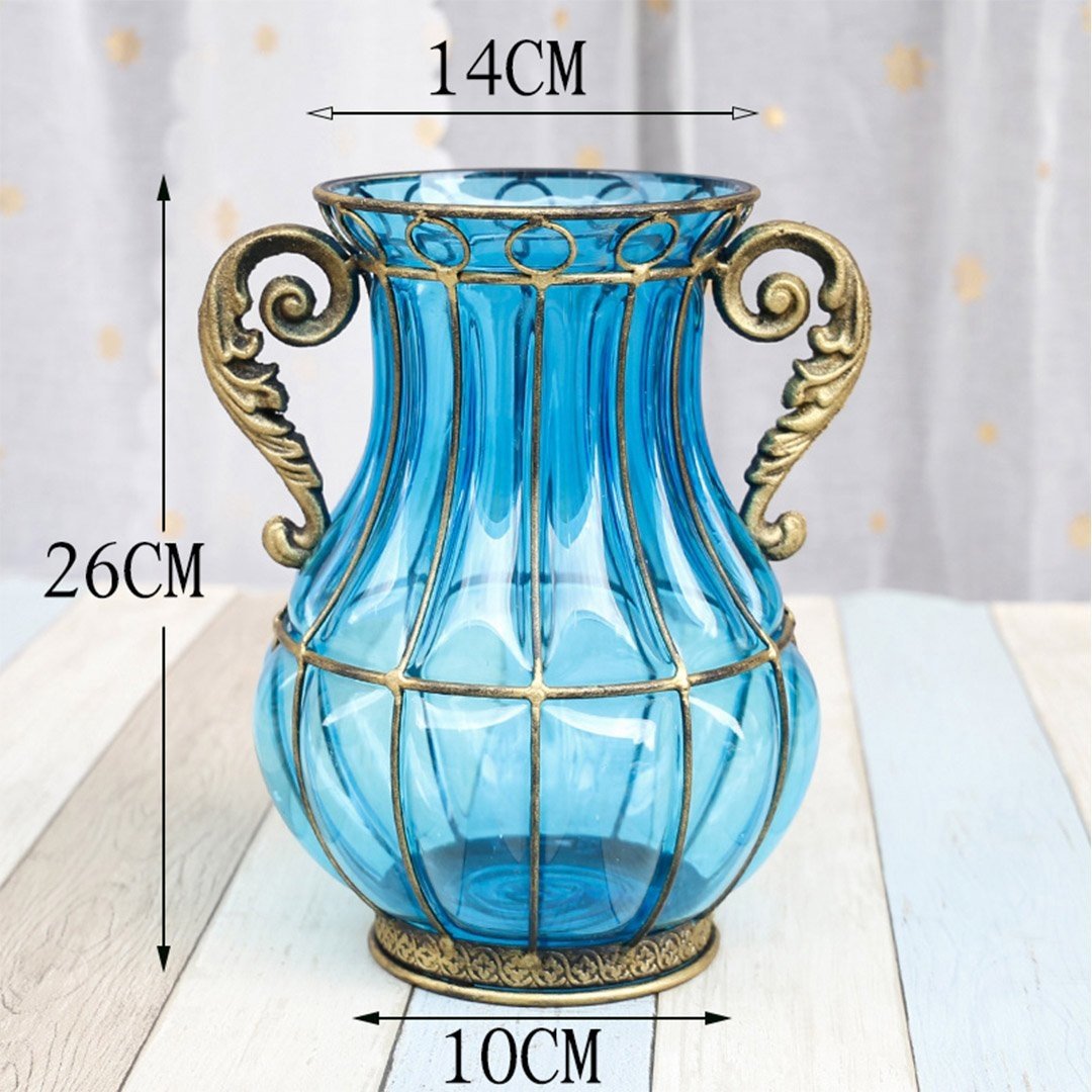 Blue Glass Flower Vase with 8 Stems of 3-Head Artificial Silk Hibiscus Flowers - Elegant Home Decor for Living Room, Dining Table, Wedding Centerpiece