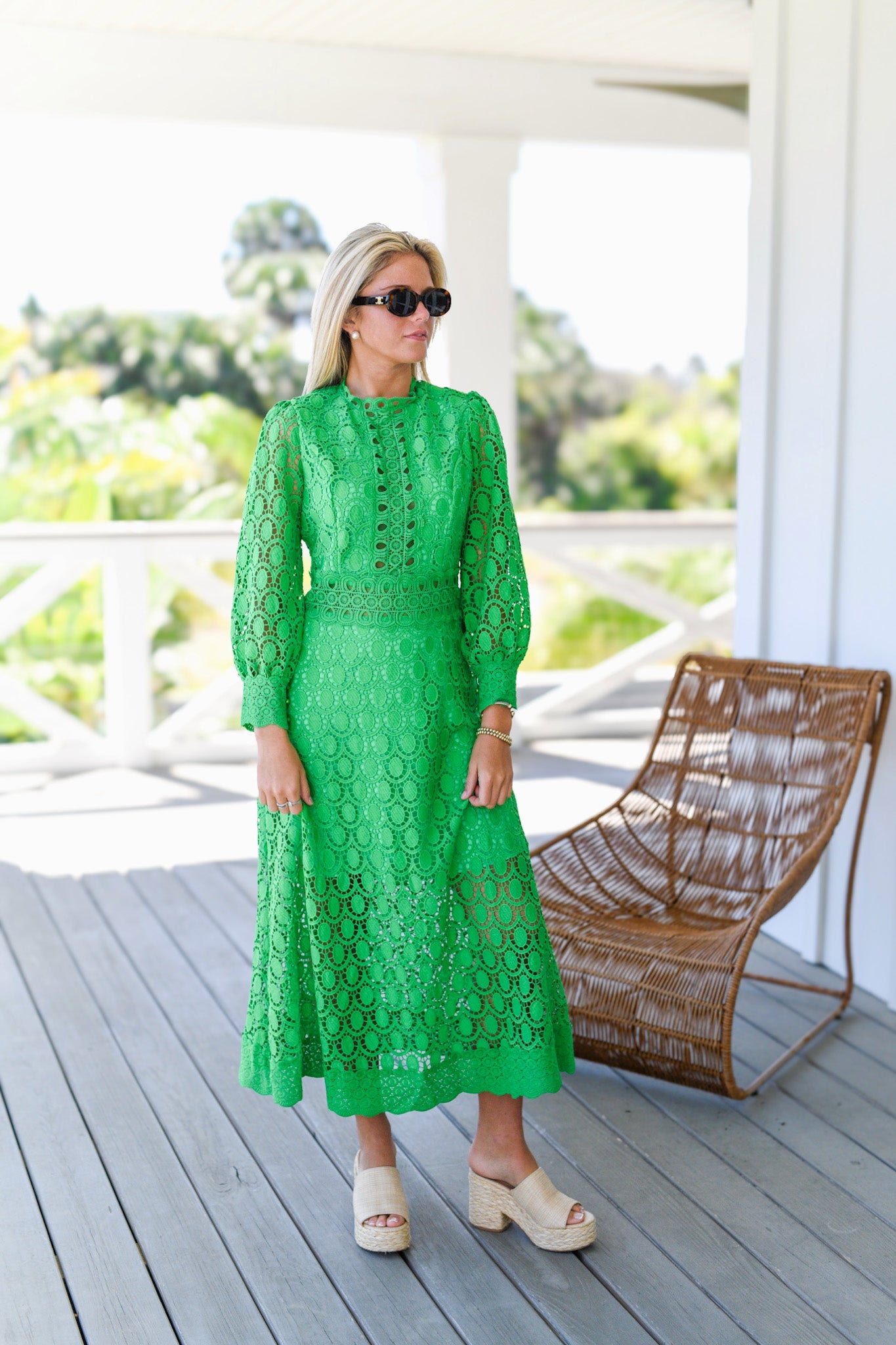 Annable Eyelet Midi Dress in Kelly Green - Floral Lace Summer Dress for Women, Perfect for Garden Parties & Brunch Dates