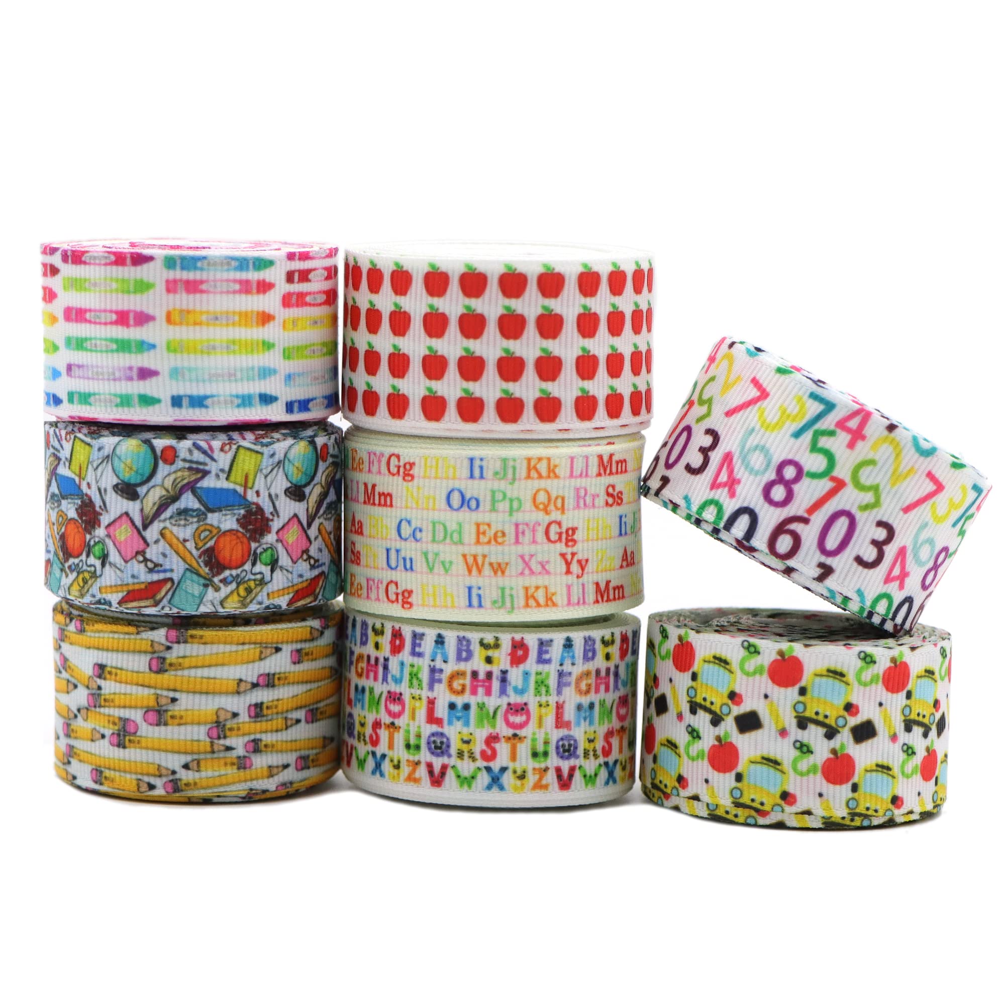 David Accessories Back to School Grosgrain Ribbon Set - 8 Rolls (40 Yards Total) for Classroom Decor, Hair Bows & Gift Wrapping - Perfect for School Projects, DIY Crafts & Party Decorations (Set A)