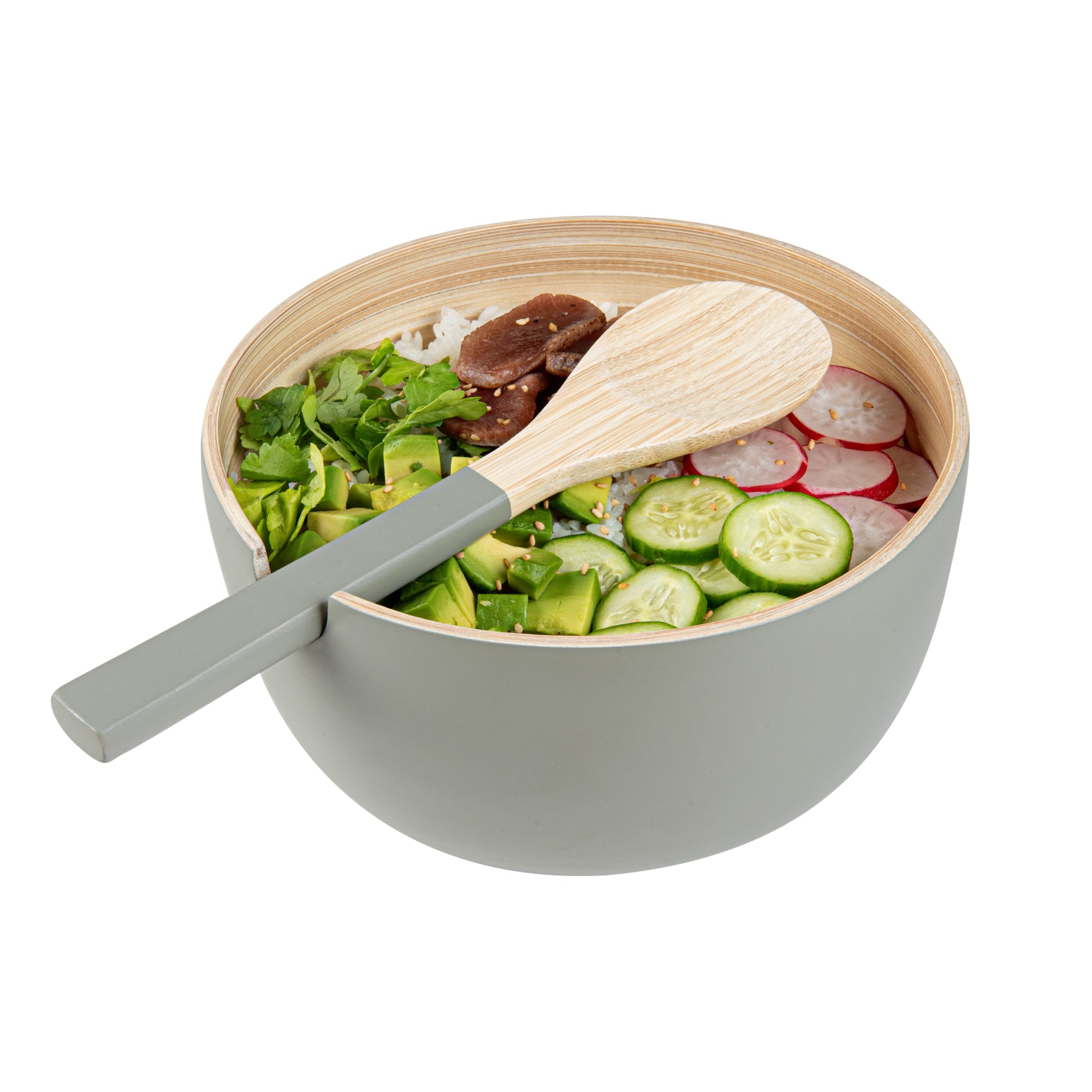 Bambuddha 25 oz Round Gray Spun Bamboo Serving Bowl with Serving Spoon - 7.75