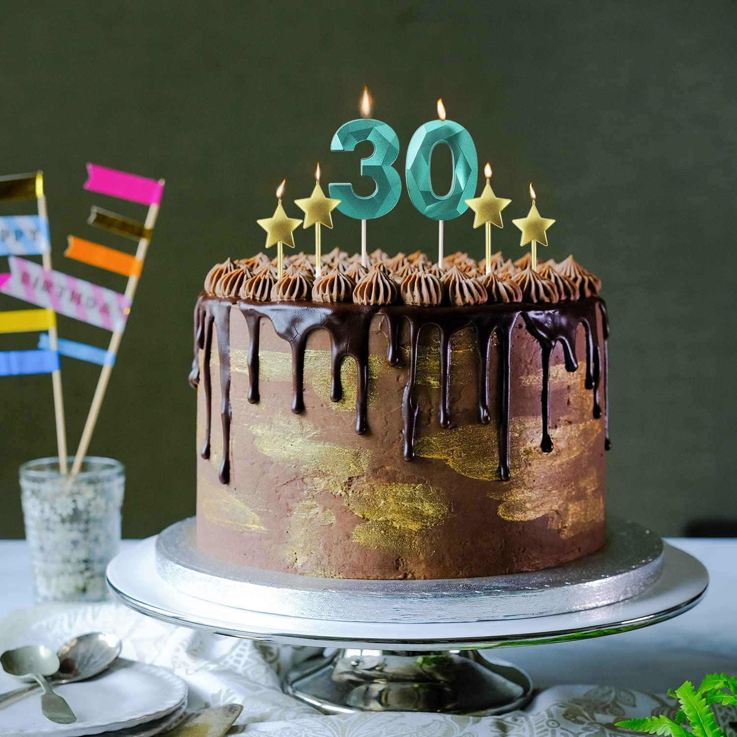 Green Number 4 & Star Birthday Candles - 2.76 Inch 3D Diamond Shaped Cake Candles for Birthday Parties, Anniversary Decorations | Perfect for Cake Toppers, Cupcake Decor, and Special Celebration Cakes