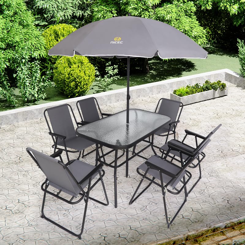 Premium 8-Piece Outdoor Dining Set with Umbrella - Patio Furniture Set with Glass Table & 6 Folding Chairs (Grey) - Perfect for Garden, Backyard, Poolside & Outdoor Entertaining