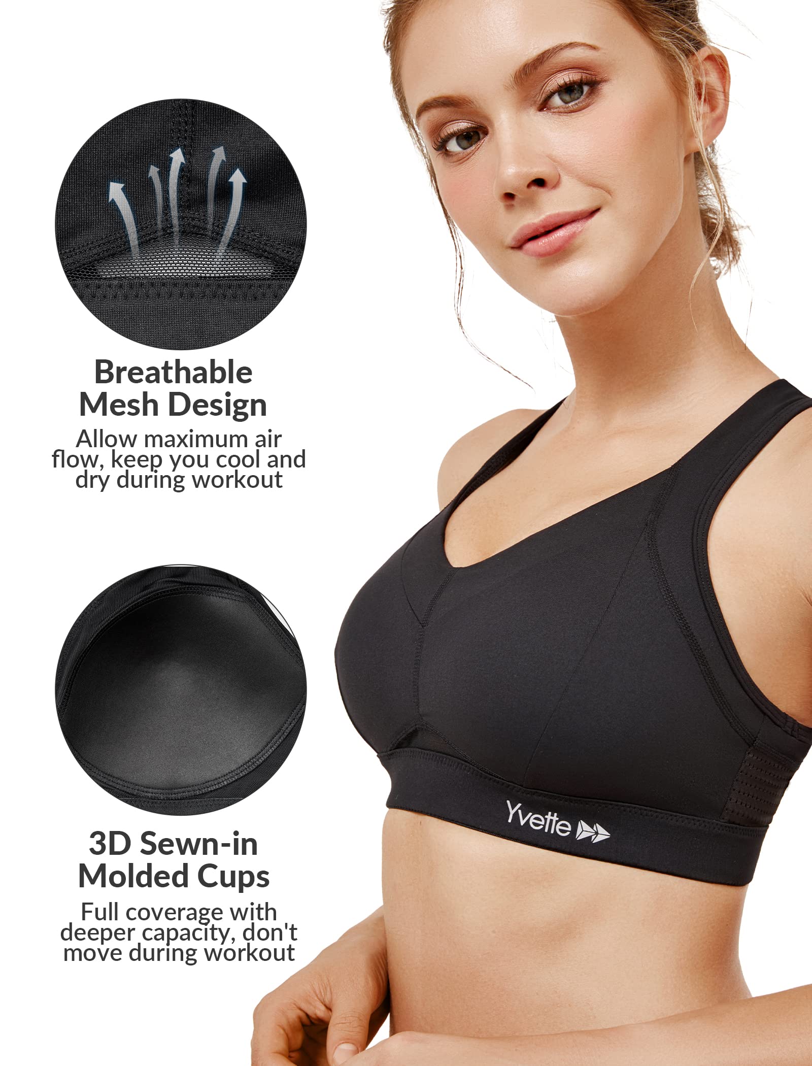 Yvette High Support Sports Bras for Women - Plus Size Racerback Workout Bra for Running & Large Bust - Full Coverage Gym & Yoga Activewear