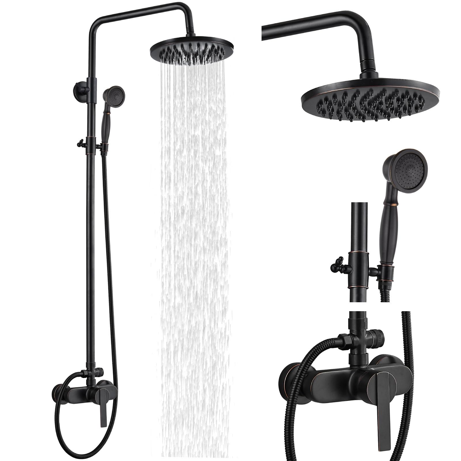 Airuida Oil Rubbed Bronze Exterior Shower System - 8 Inch Rainfall Shower Head with Single Handle, Solid Copper Diverter & Dual Function Faucet Combo for Outdoor/Patio/Garden Use