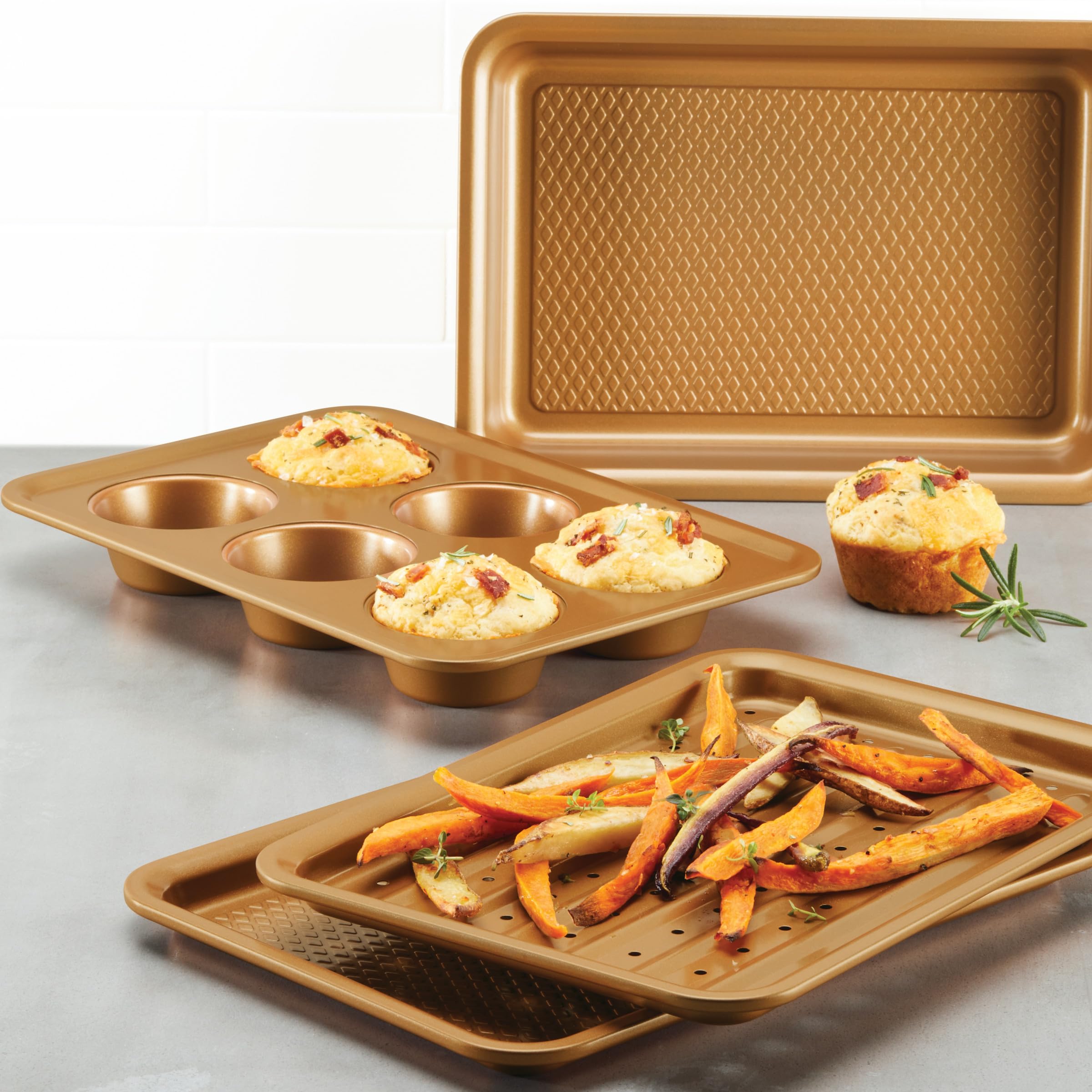 Ayesha Curry 4-Piece Nonstick Bakeware Set for Toaster Oven - Baking Pan, Cookie Sheet & Muffin Pan - Copper Brown | Perfect for Baking Cookies, Cupcakes & Family Meals