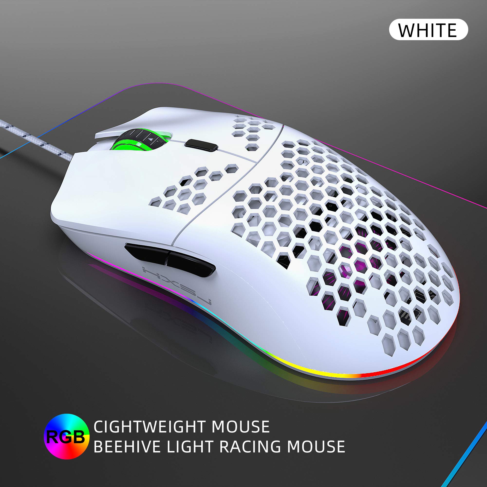 J900 Wired Gaming Mouse - 6 RGB Lighting Modes, 6400 DPI, Programmable USB Gaming Mouse with 6 Buttons & Honeycomb Shell Ergonomic Design for PC, Xbox, PS4 Gamers - White | Perfect for FPS, MOBA, and Esports Gaming
