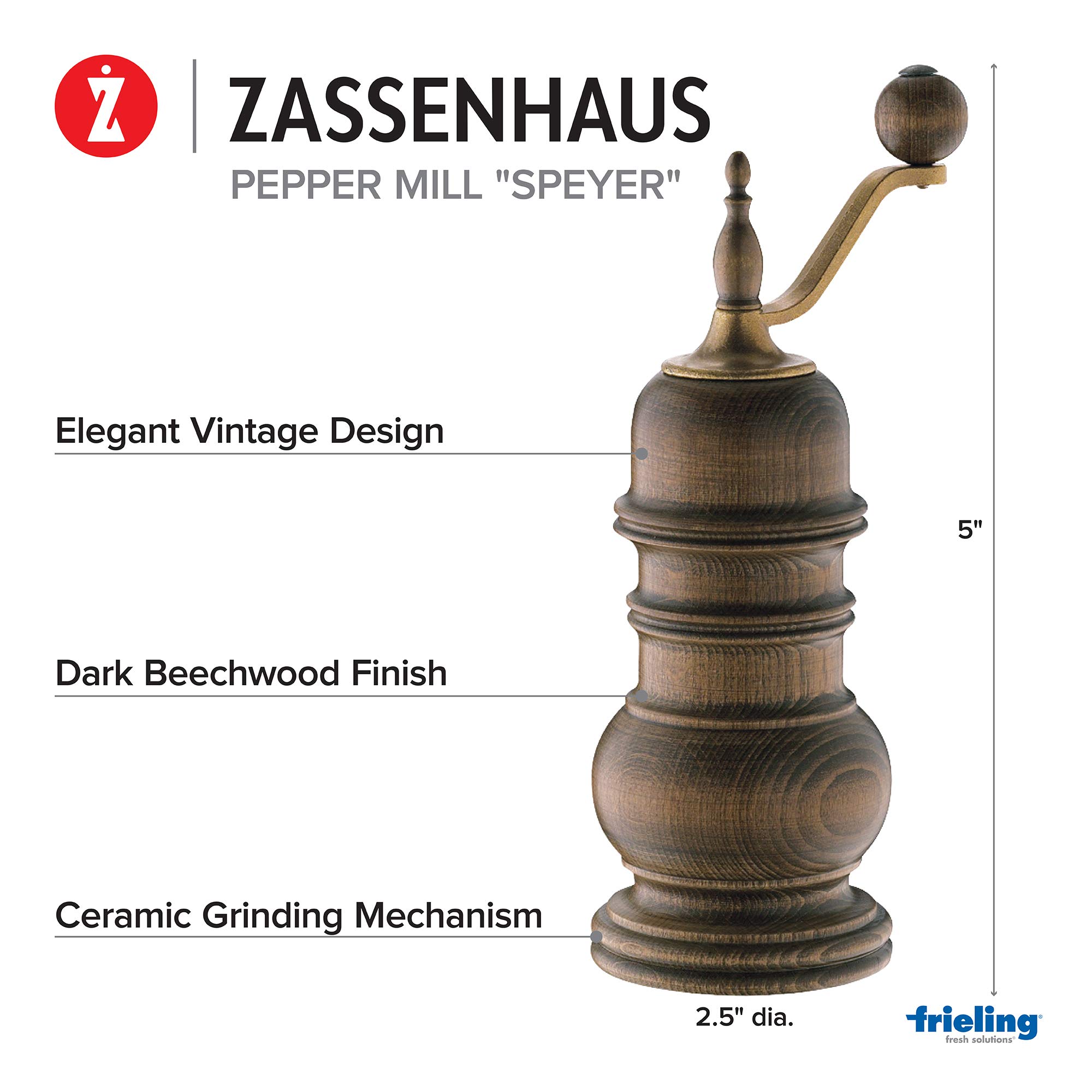 Premium Zassenhaus Speyer 5.1-Inch Dark Stained Beech Wood Pepper Grinder - Adjustable Coarseness for Freshly Ground Spices - Perfect for Kitchen, Dining Table & Gourmet Cooking