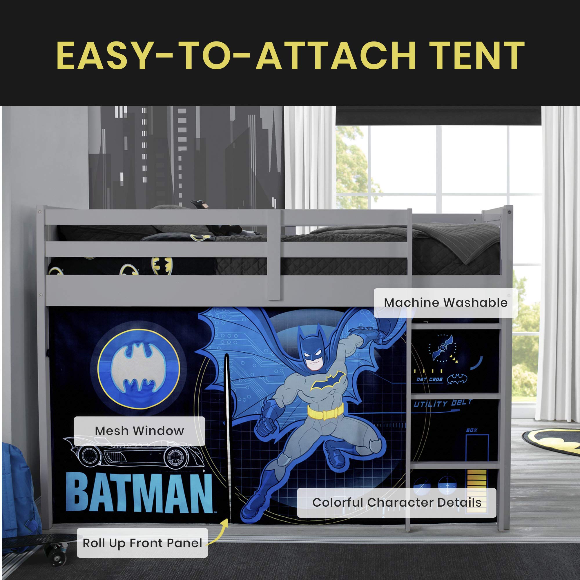 Batman Loft Bed Tent with Curtain Set for Low Twin Loft Beds - Superhero Themed Kids Bedroom Decor | Perfect for Playtime, Sleepovers & Imaginative Play (Bed Sold Separately) by Delta Children