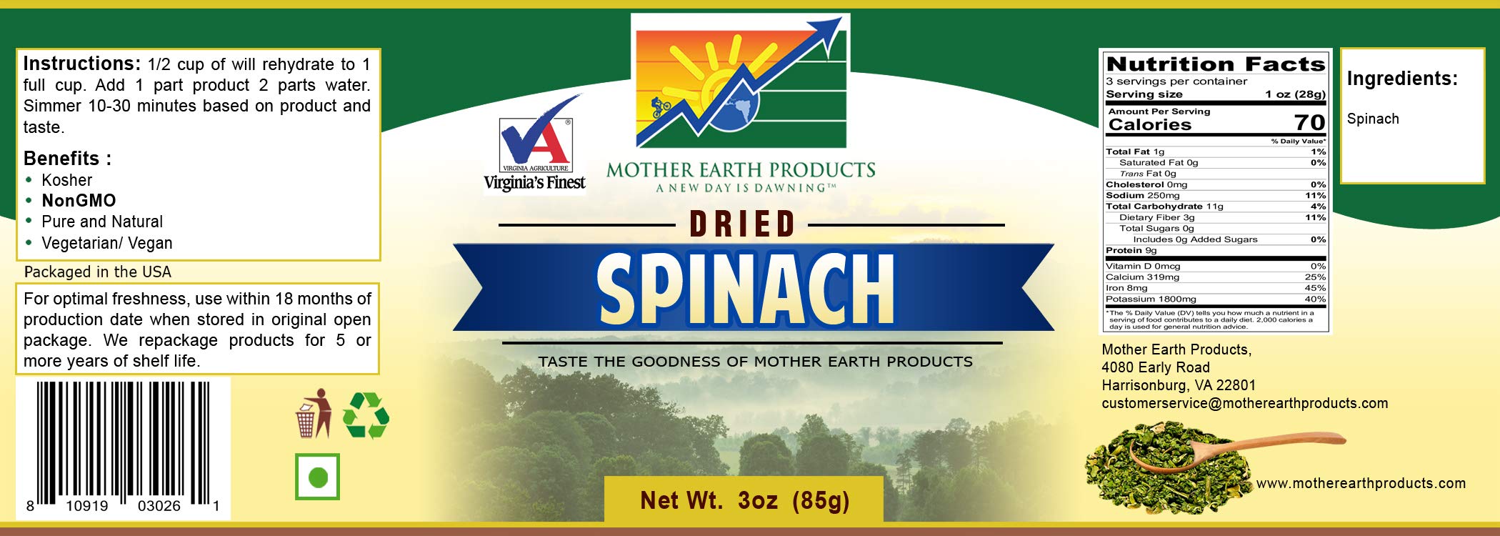 Organic Dehydrated Spinach in Jar - Healthy Cooking & Camping Food