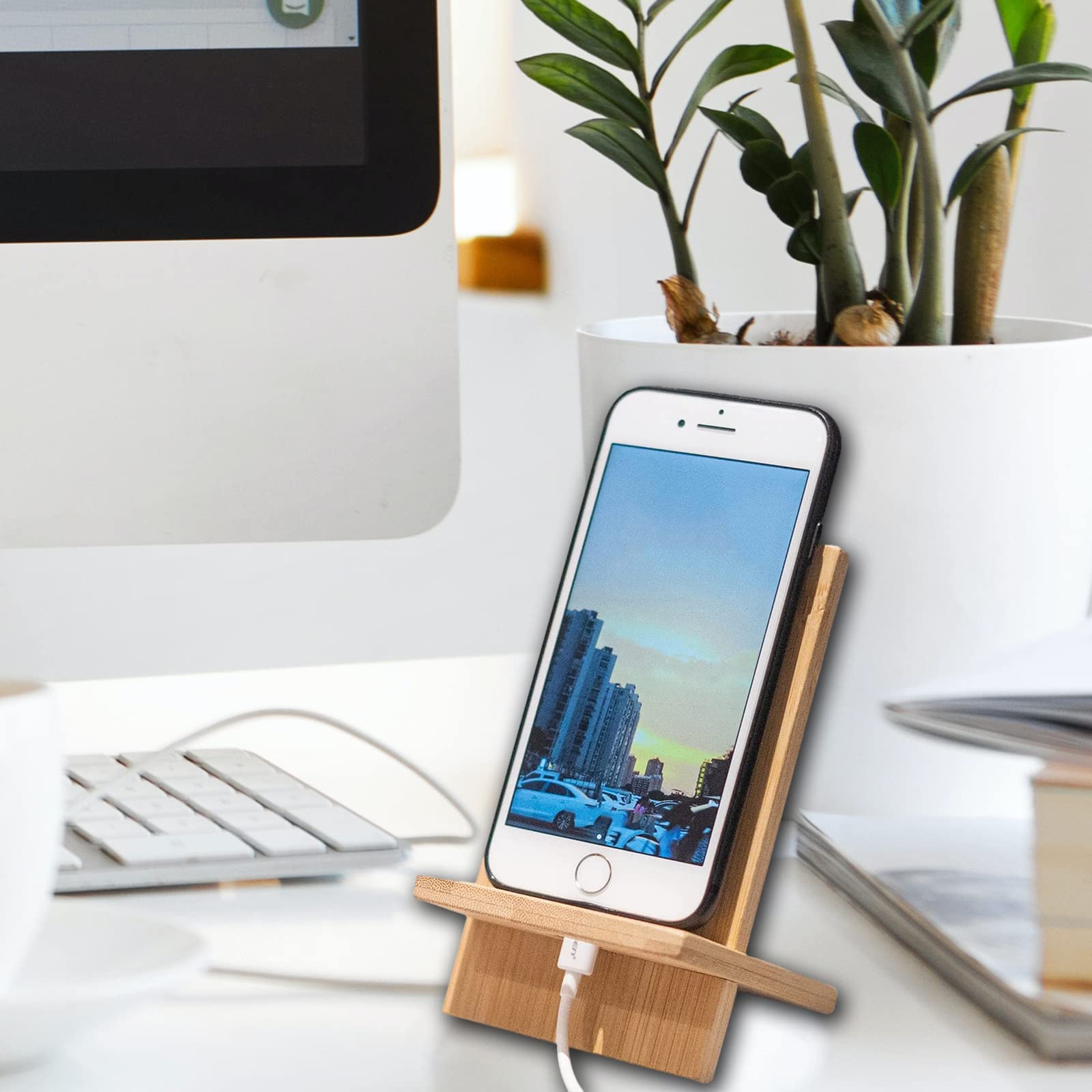 Bamboo Phone Stand with Charging Hole - Detachable & Portable Wooden Mobile Phone Holder for Desk, Office, Car, and Home Use