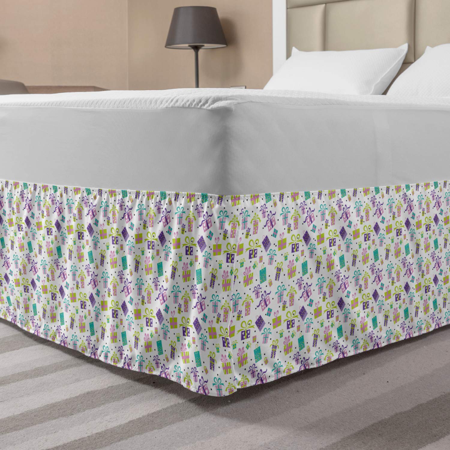 Ambesonne Celebration Bed Skirt - Striped Hearts & Starred Gift Boxes with Dots & Rhombus Patterns, Elastic Wrap Around Gathered Design for Queen Size Beds | Perfect for Valentine's Day, Anniversary & Romantic Bedroom Decor