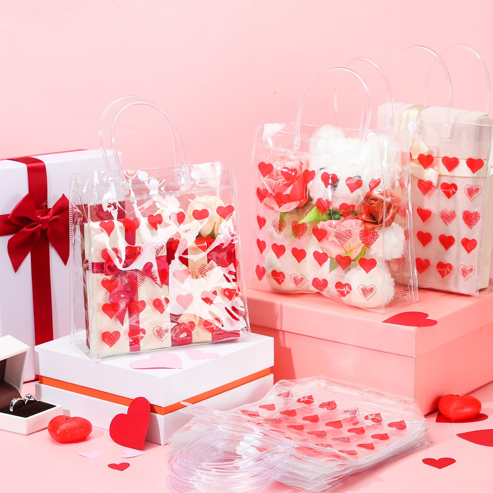 Uiifan 24-Pack Clear PVC Valentine's Day Gift Bags with Handles - Transparent Heart Print Reusable Tote Bags for Valentine's, Galentine's Day Gifts & Party Favors - Perfect for Candy, Jewelry & Small Present Wrapping