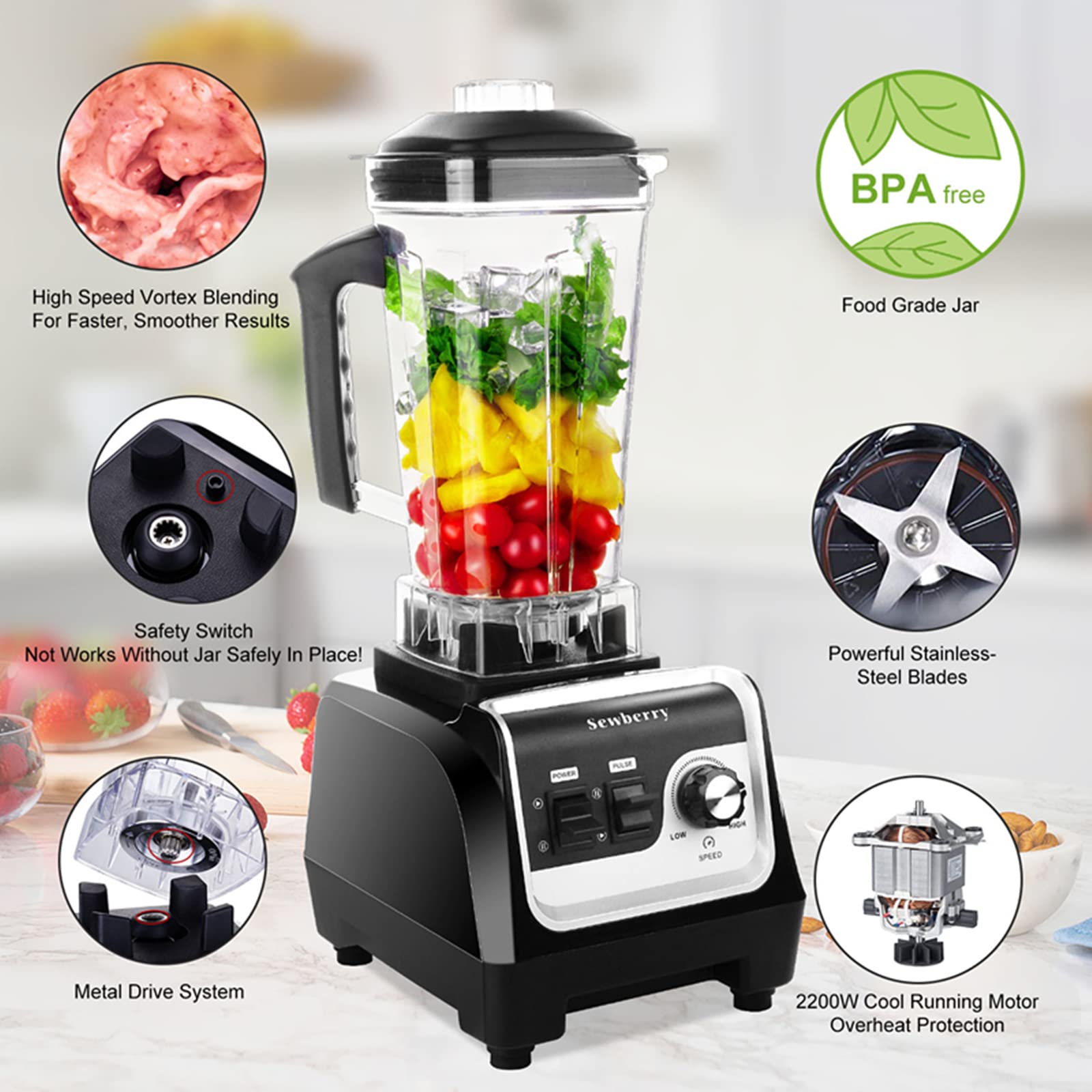 2200W Professional Countertop Blender - High Speed Commercial Blender for Smoothies, Shakes & Frozen Desserts - 70Oz BPA-Free Container - Crushes Ice, Nuts & Fruits - Perfect for Home Kitchens, Cafes & Juice Bars