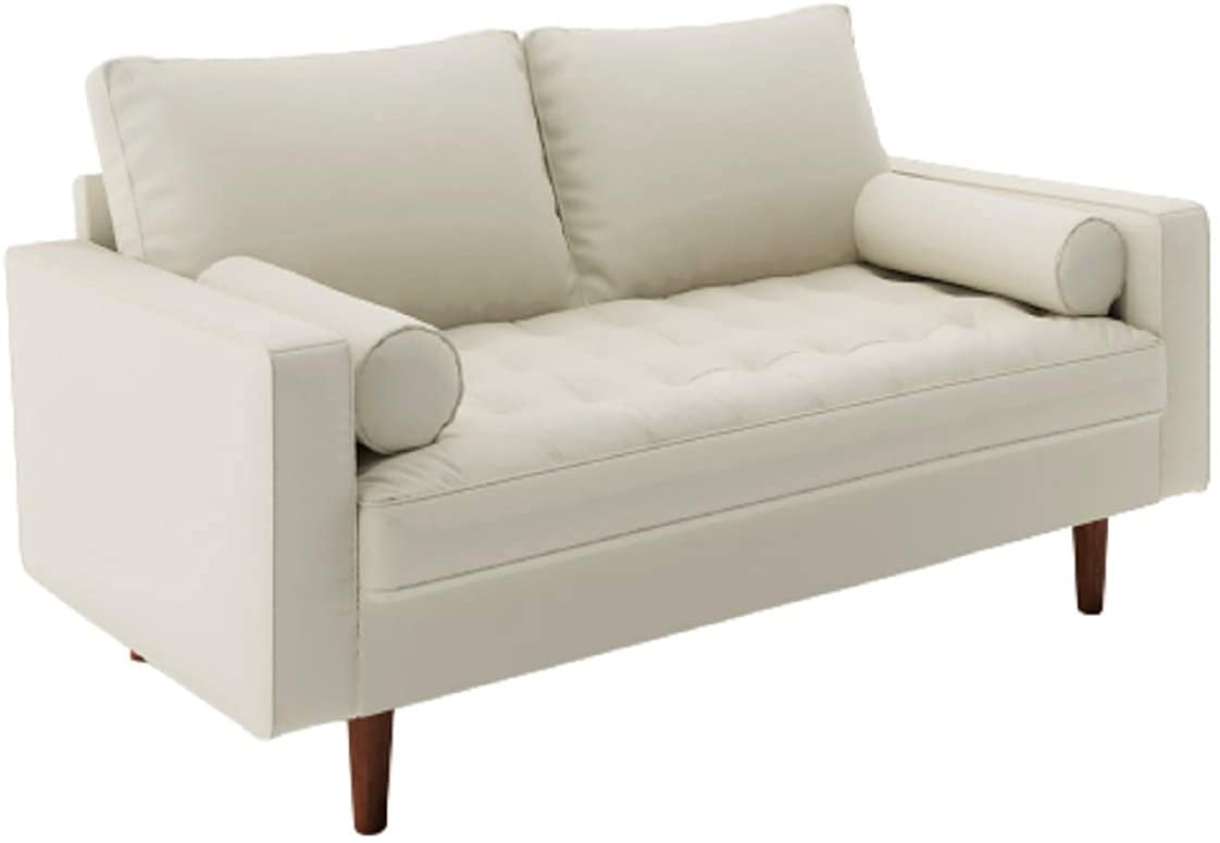 Mid Century Modern Loveseat Sofa - PU Leather Upholstered Tufted Couch with Bolster Pillows | Retro Design for Living Room, Bedroom & Office | White Contemporary Furniture for Small Spaces