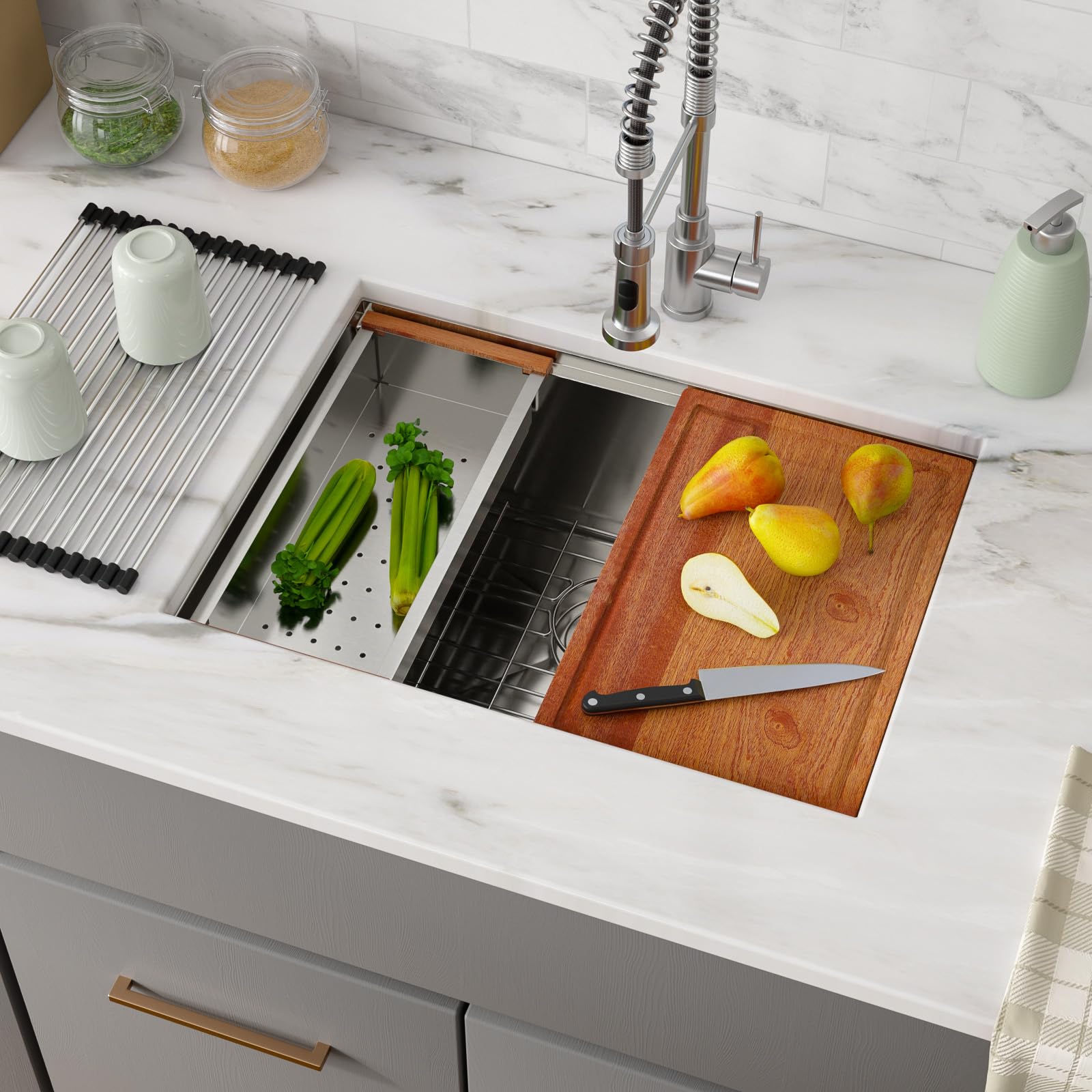 Funmier 27×19 Stainless Steel Undermount Kitchen Sink - Deep Single Bowl Workstation with Cutting Board for Modern Home Kitchens
