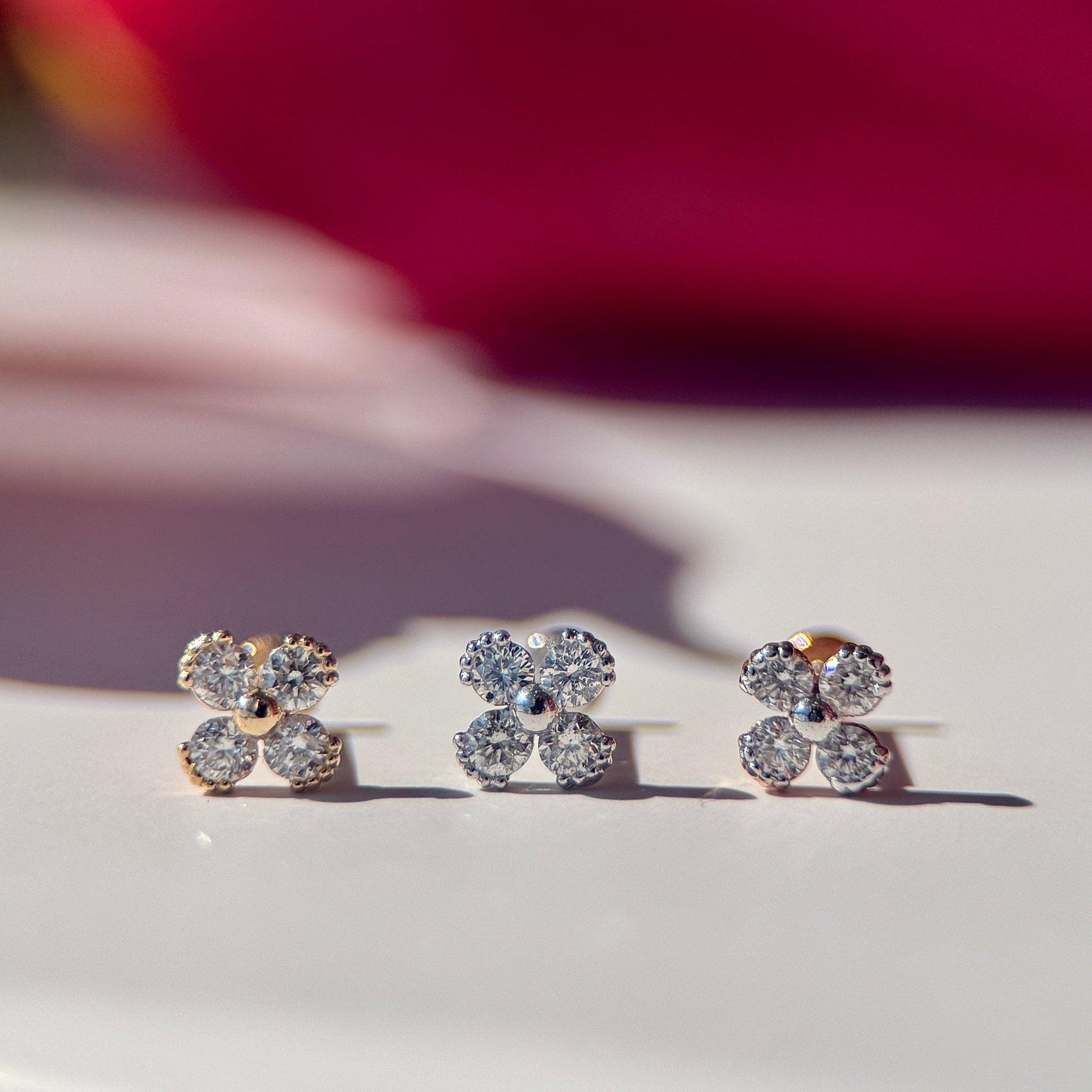 14K Solid Yellow Gold Beaded Diamond Four-Petal Flower Flat Back Stud Earrings for Women - Perfect for Weddings, Parties & Everyday Elegance