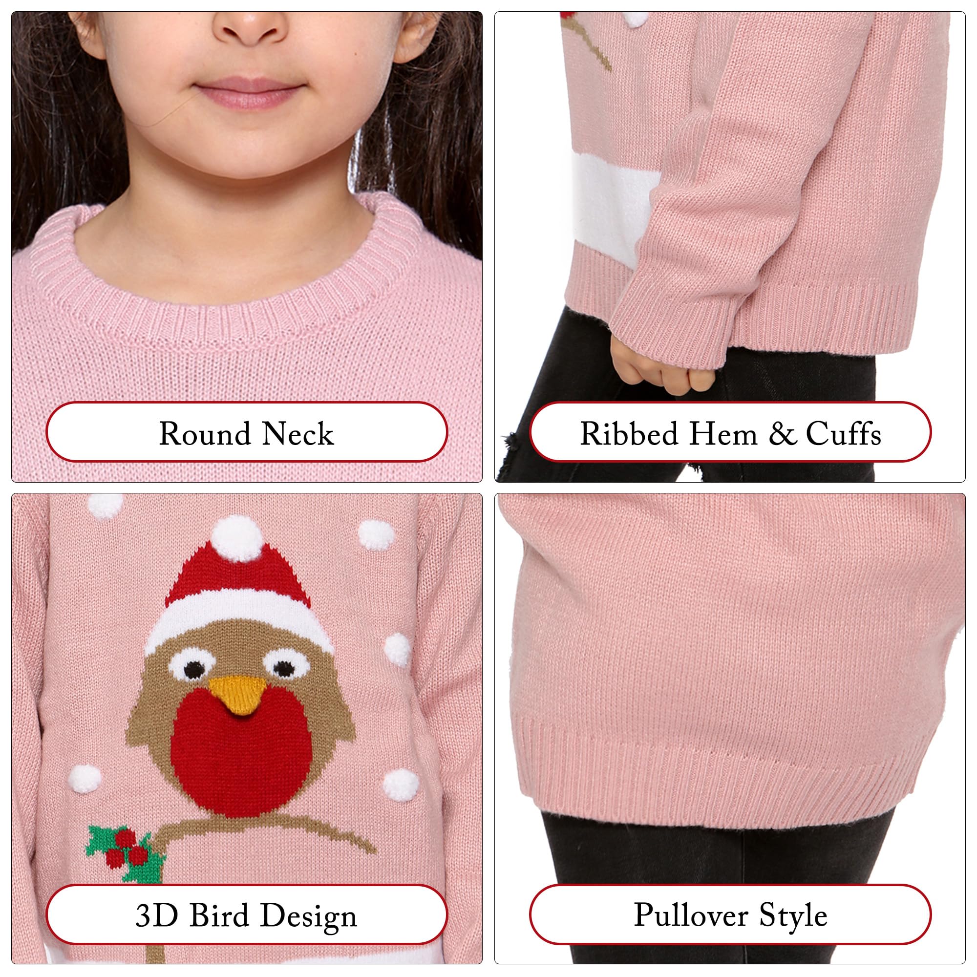 NOROZE Girls Christmas 3D Jumper - Kids Bird & Reindeer Retro Pullover Sweater - Cozy Holiday Outfit for Family Photos & Christmas Parties