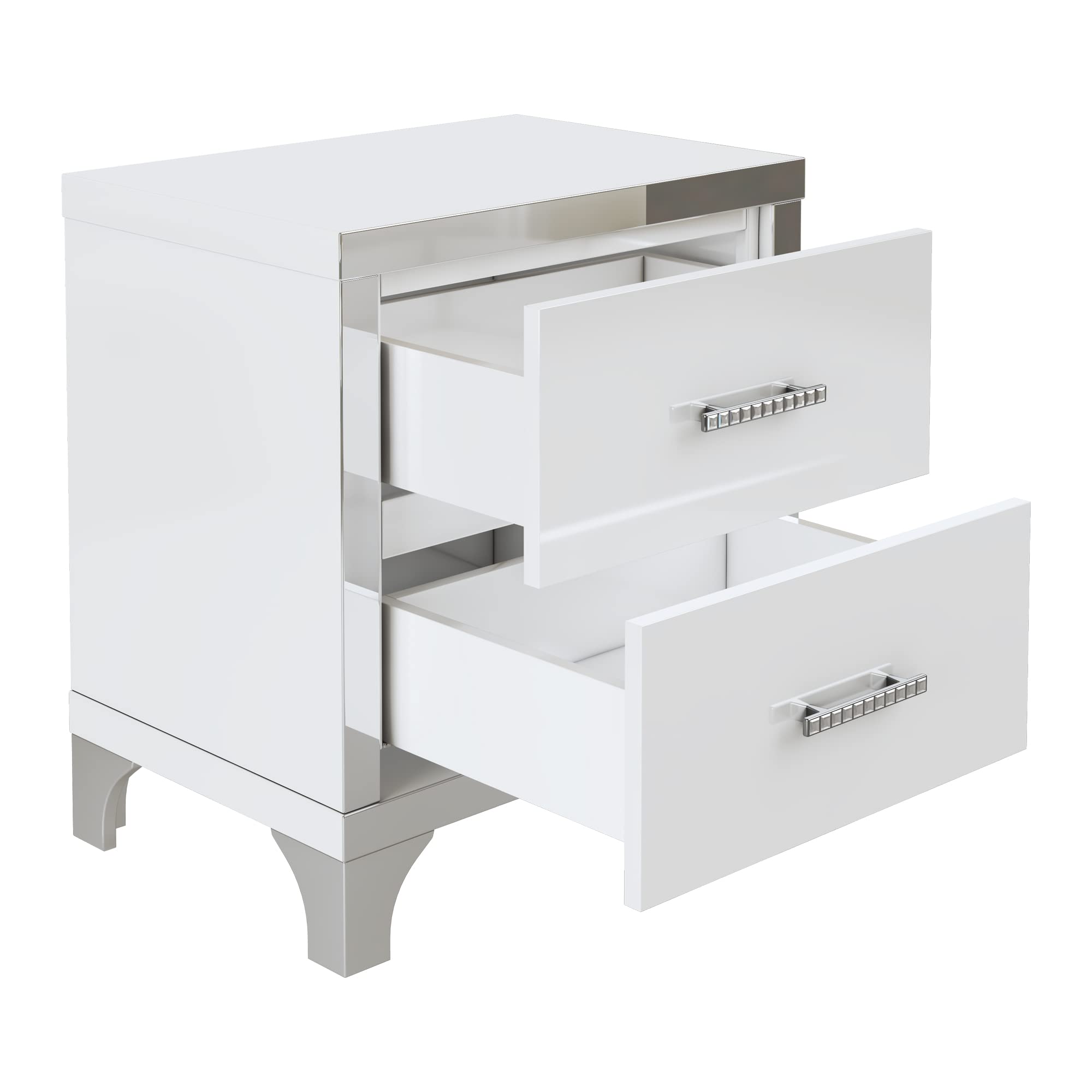 Flieks 4-Piece Queen Size Bedroom Set - Upholstered Bed with 3 Drawers, High Gloss Mirrored Nightstands & Dresser with Metal Handles & Legs in Beige | Modern Bedroom Furniture for Master Bedroom, Guest Room & Apartment Decor