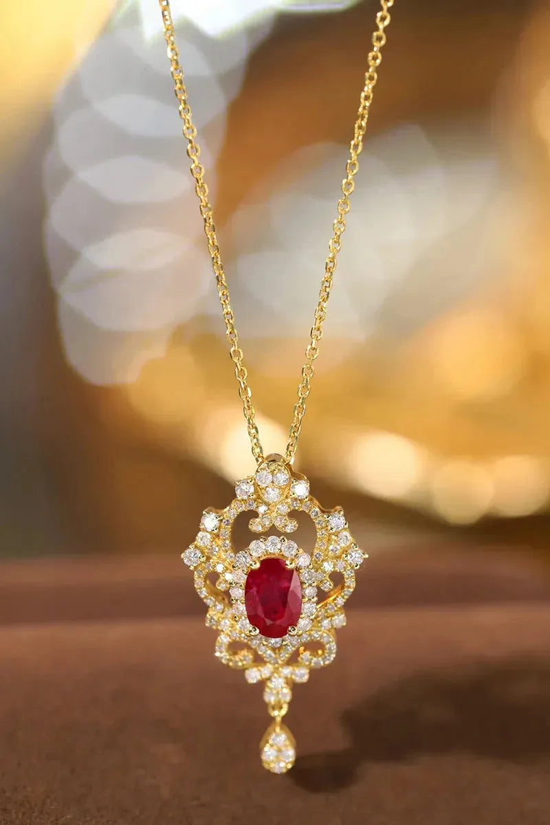 18K Yellow Gold Necklace with Real Natural Ruby & Diamond - Elegant Tassel Pendant for Women | Luxury Fine Jewelry Gift for Anniversary, Birthday & Special Occasions