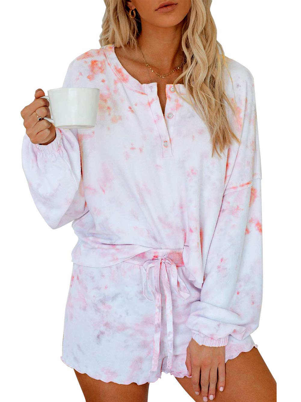 Bunanphy Women's Tie Dye Pajama Set - Long Sleeve & Shorts for Sleep & Lounge
