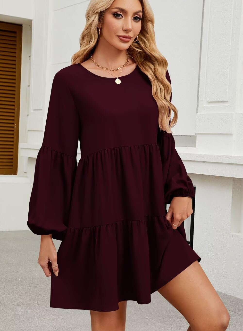 QACOHU Women's Summer Babydoll Dress 2025 - Spring Crew Neck Long Sleeve Loose Flowy Swing Tunic Mini Dress for Casual Outings & Beach Vacations
