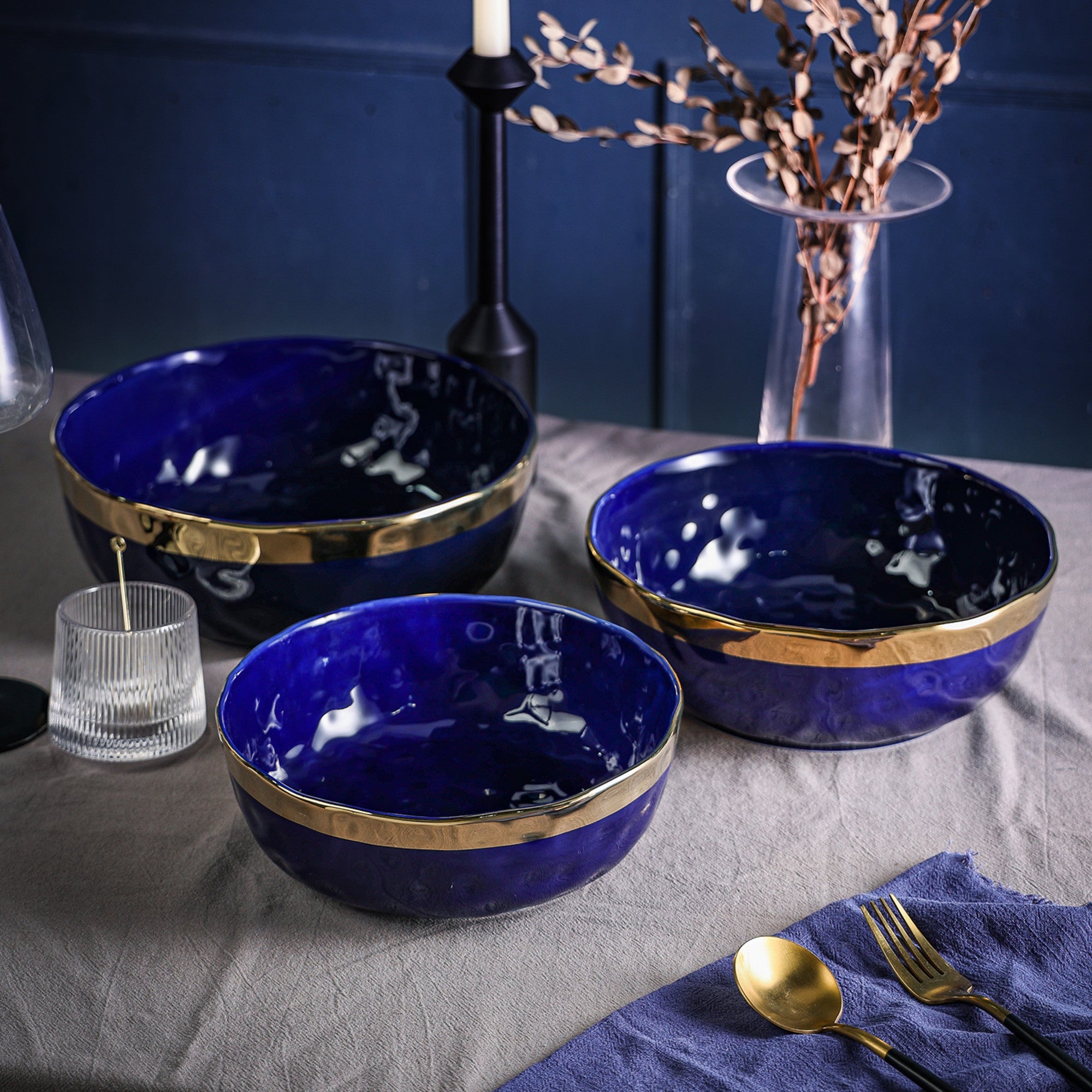 Florian Porcelain Dinner Bowl Set - 6-Piece Blue Ceramic Bowls for Soup, Salad & Dessert | Elegant Tableware for Home Dining & Entertaining