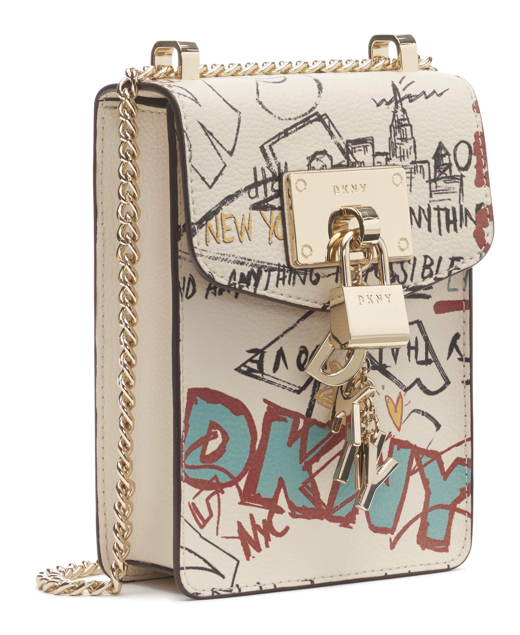 DKNY Women's Elissa N/S Phone Crossbody Bag - White Graffiti Print, One Size US - Stylish & Compact Purse for Everyday Use, Travel, and Shopping