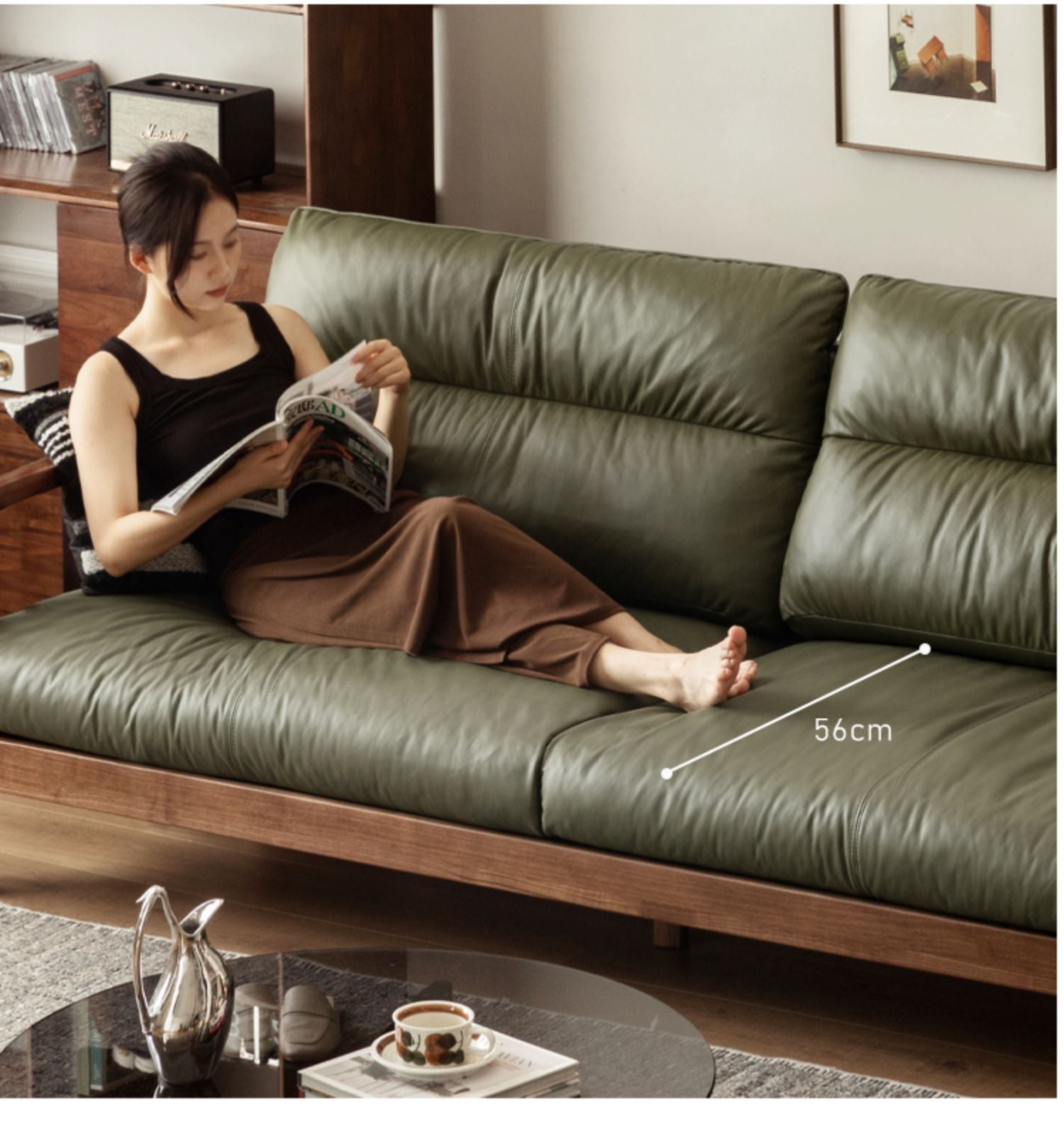 Premium Black Walnut Solid Wood Leather Sofa - Modern Luxury Living Room Furniture for Home & Office (Perfect for Lounging, Entertaining & Relaxing)