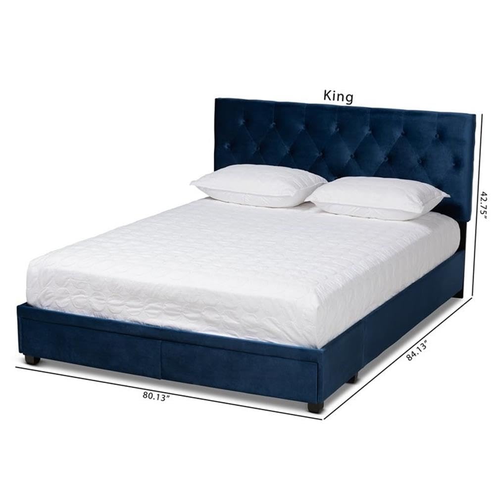Baxton Studio Caronia Modern Navy Blue Velvet Upholstered Queen Platform Storage Bed with 2 Drawers - Contemporary Bedroom Furniture for Small Space & Guest Room