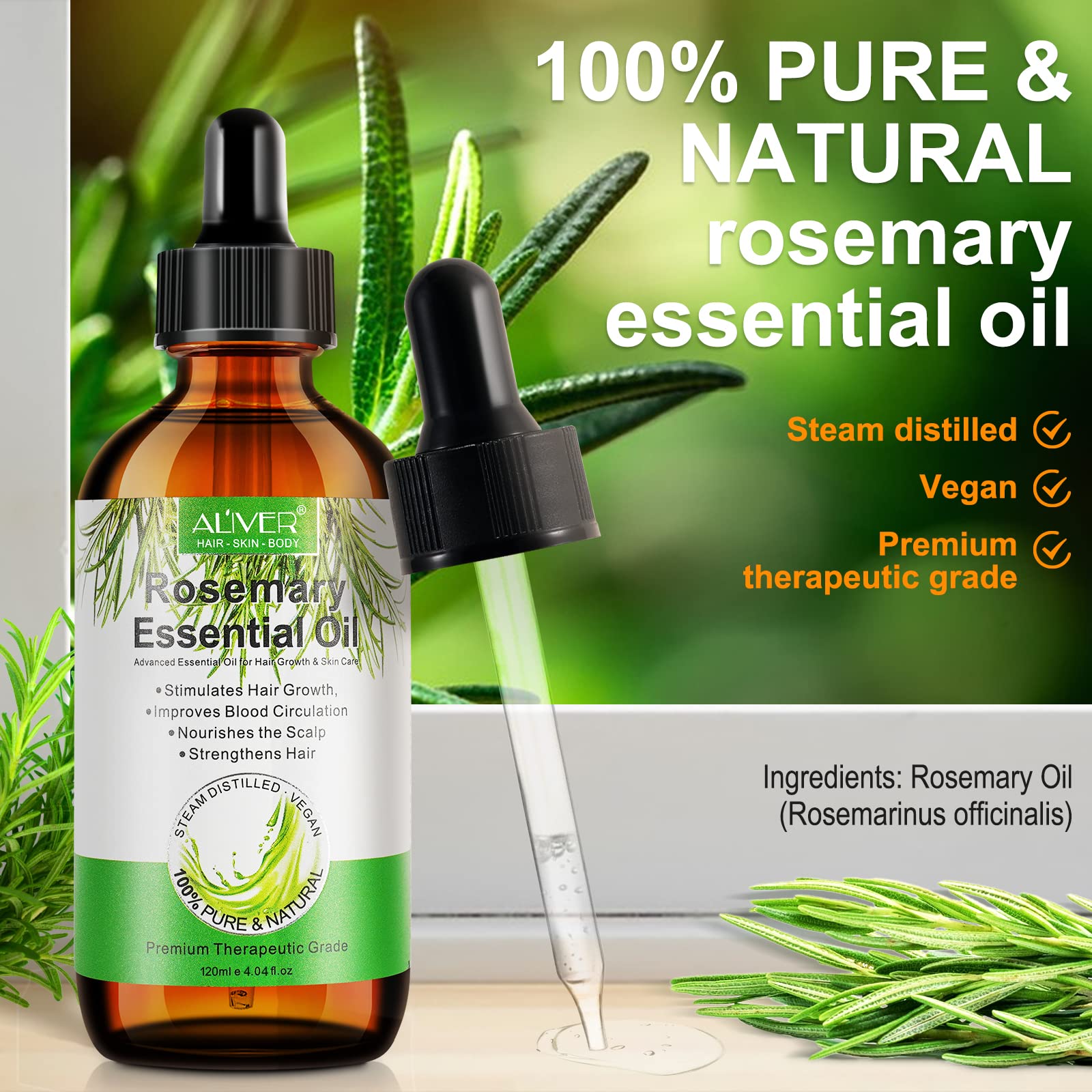 Pure Organic Rosemary Oil for Hair Growth 120ml - Natural Hair Loss Treatment & Scalp Care for Men & Women - Promotes Thicker, Healthier Hair - Ideal for Daily Hair Care & Massage