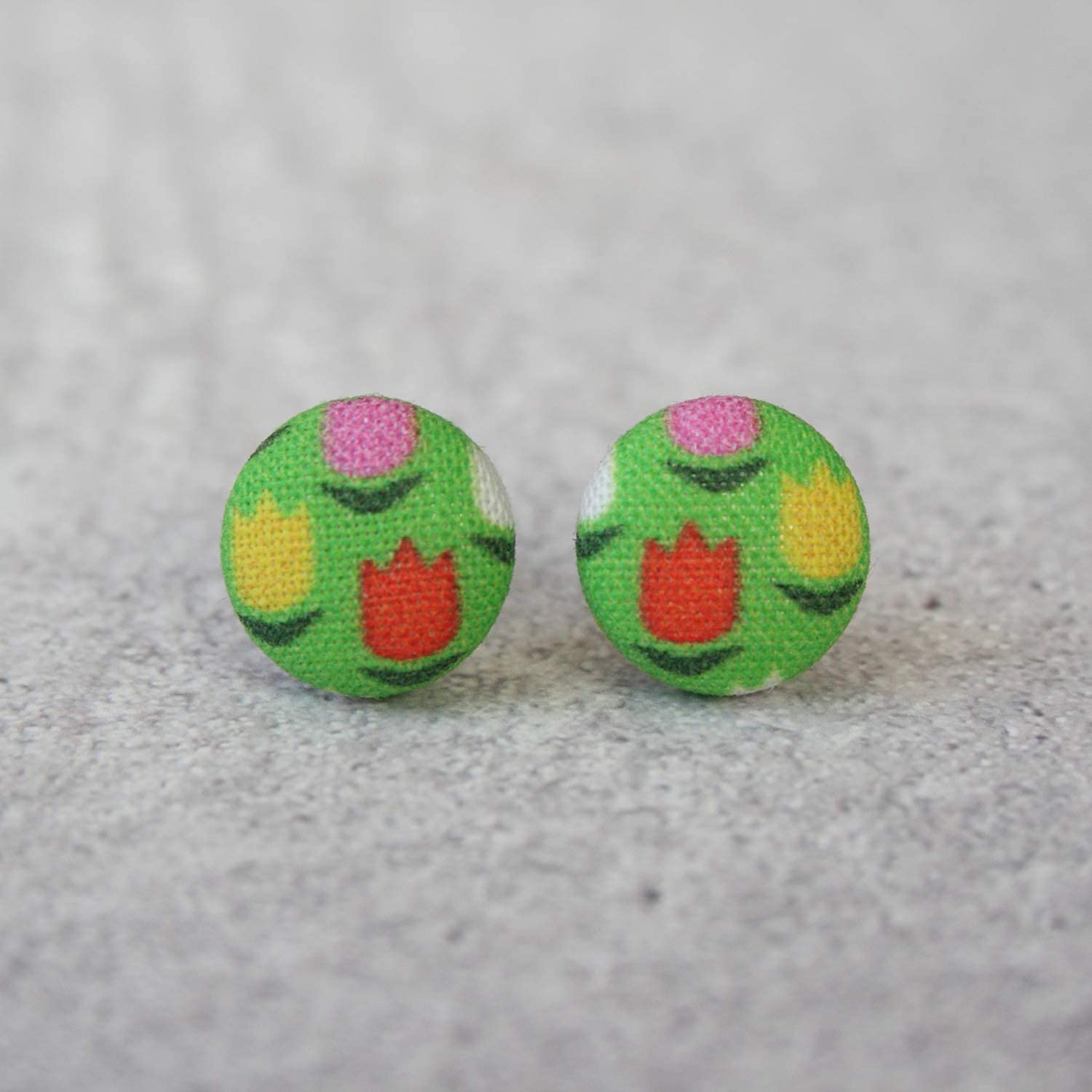 Tulips Fabric Button Earrings for Women - Floral Handmade Boho Earrings - Lightweight Comfortable Dangle Earrings for Spring, Summer, Wedding, Party & Everyday Wear