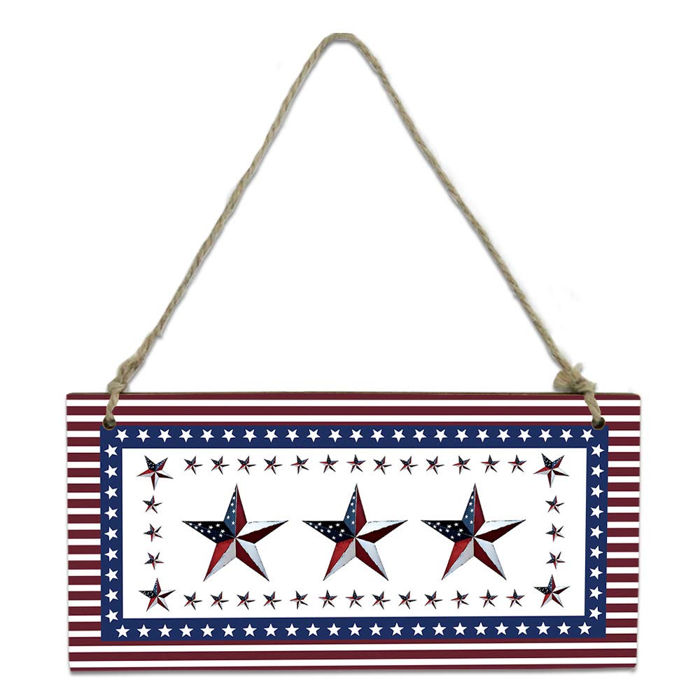 American Flag Wooden Plaque Sign - Farmhouse Stars Decor, 8x4 Inch Rustic Door Hanging with Ropes for Porch, Wall - Perfect for Independence Day, Patriotic Home Decor & Seasonal Holiday Display