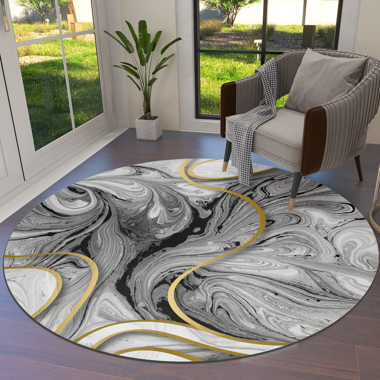 Olivefox Round Area Rugs - Abstract Gray Gold Marble Textured Super Soft Indoor Stain-Resistant Carpet Floor Mat, Non-Skid Runner Rug for Living Room, Bedroom, Dining Room (4 Feet) - Perfect for Home Decor, Office Spaces & High-Traffic Areas