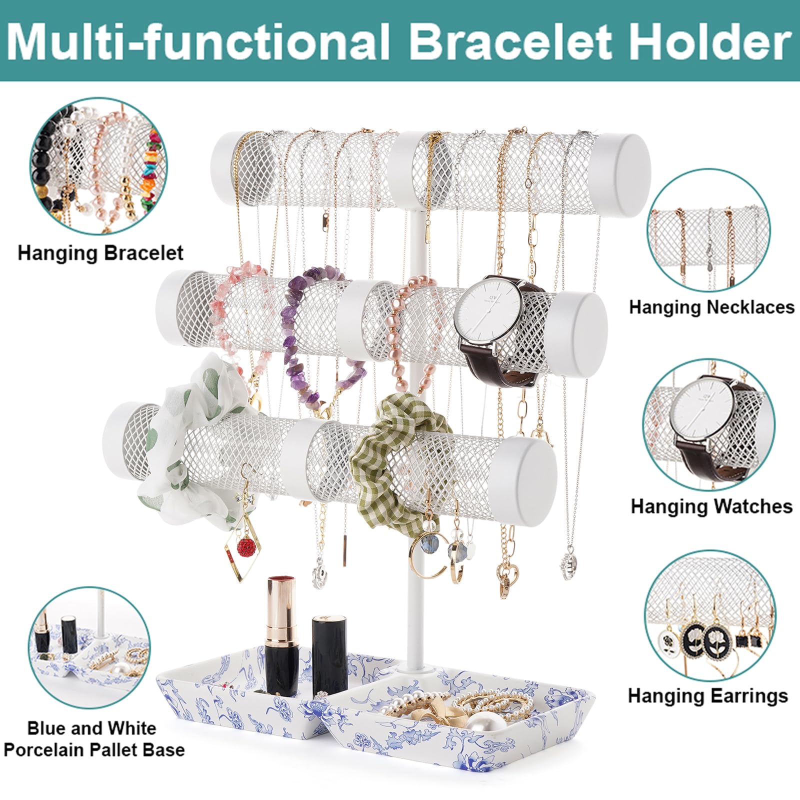 3-Tier Bracelet Holder & Jewelry Organizer Stand - Display Bracelets, Earrings, Necklaces, Watches & Scrunchies - Elegant Porcelain Ring Tray - Perfect Gift for Women (Home Decor, Boutique Display, Jewelry Storage)