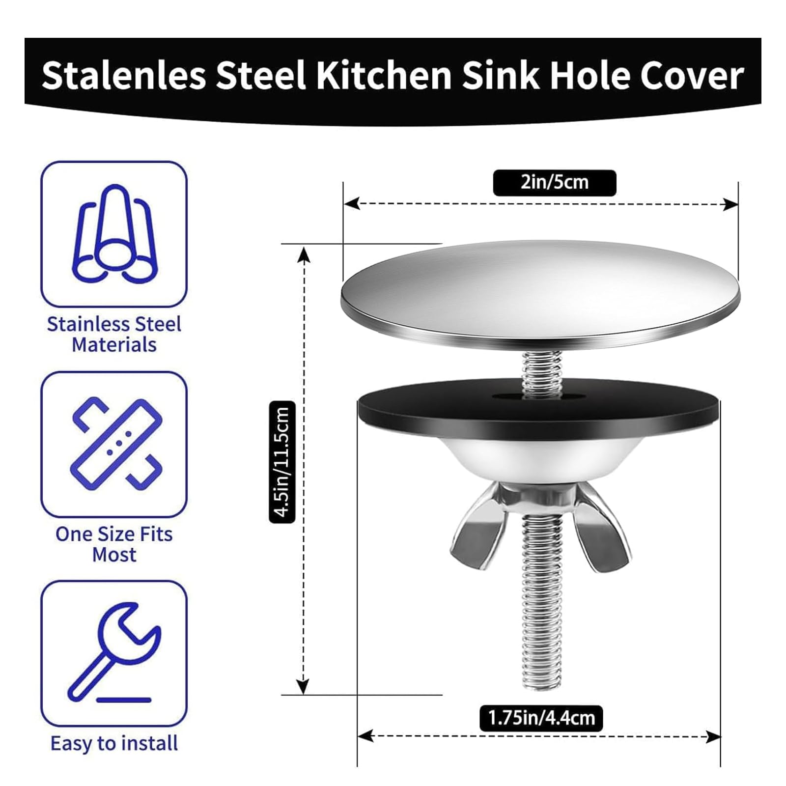 2 Pack 2 Inch Stainless Steel Kitchen Sink Hole Cover - Brushed Metal Faucet Hole Plate Stopper for Sink Tap - Durable Blanking Plug for Kitchen, Bathroom & RV (Use: Protects Unused Sink Holes from Debris & Water)