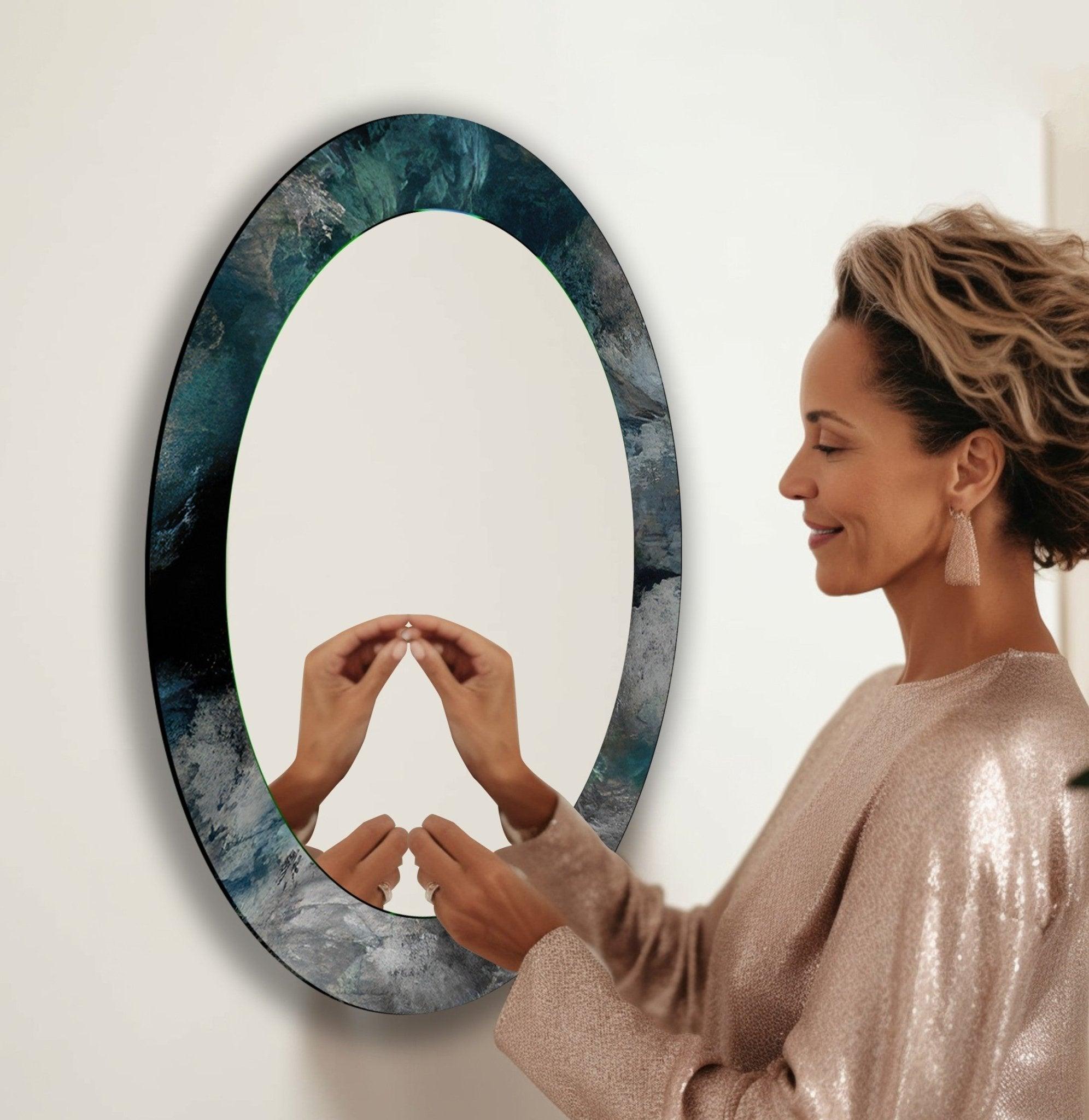 Abstract Oval Wall Mirror - Modern Decorative Mirror for Living Room, Bedroom, Entryway - Gold & Black Framed Wall Art for Home Decor