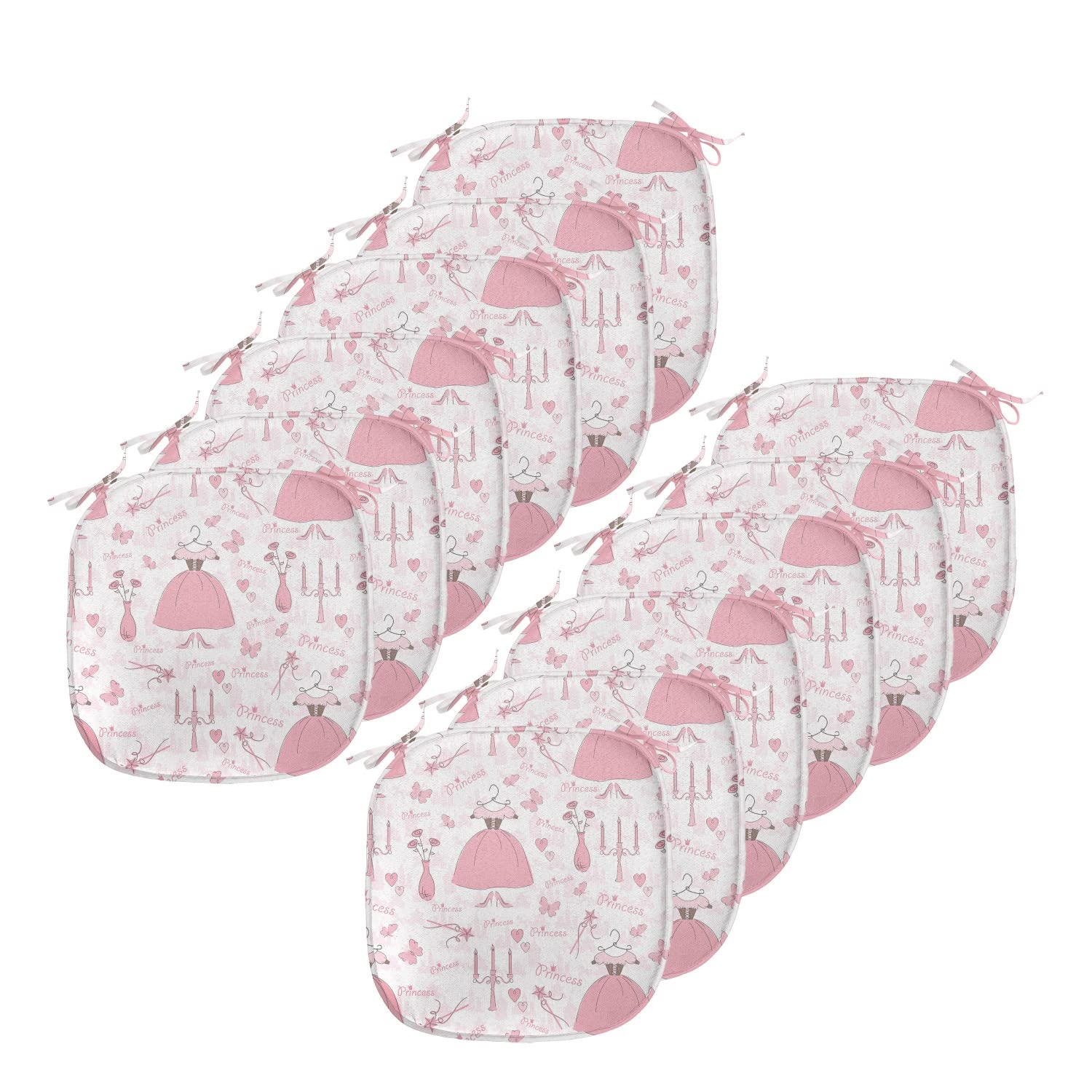 Ambesonne 12-Piece Cartoon Chair Cushion Set - Non-Slip Seat Pads with Mystic Candle & Bouquet Dress Pattern (16