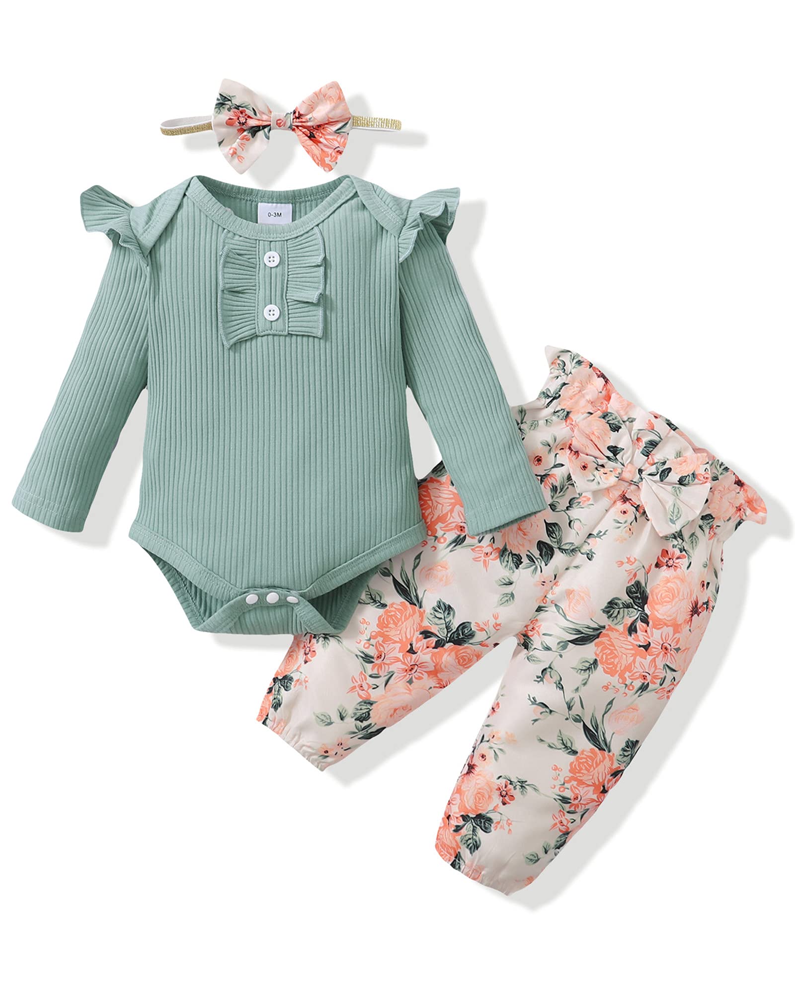 Mioglrie Newborn Baby Girl Clothes Set - Floral Romper & Pants Outfit | 100% Cotton Soft Infant Clothes for Girls | Perfect for Photoshoots, Playdates & Special Occasions
