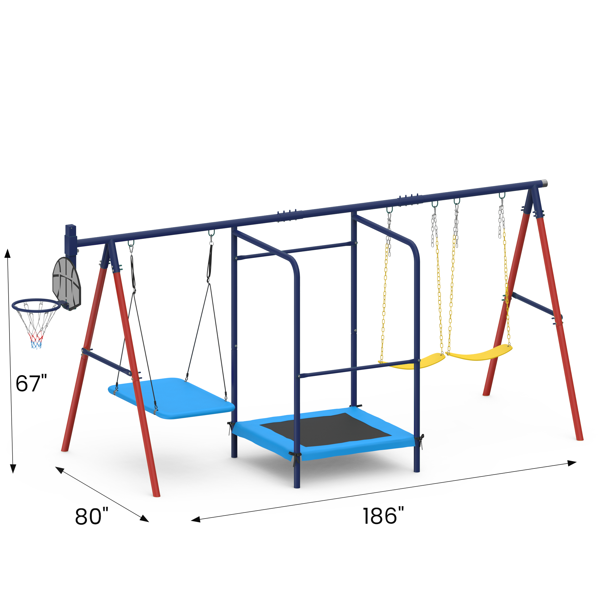 EROMMY 5-in-1 Lifetime Outdoor Swing Set with Trampoline, Saucer Swing, Belt Swings & Basketball Hoop - 440 lbs Weight Capacity - Perfect for Backyard Playground, Family Fun & Kids Outdoor Activities