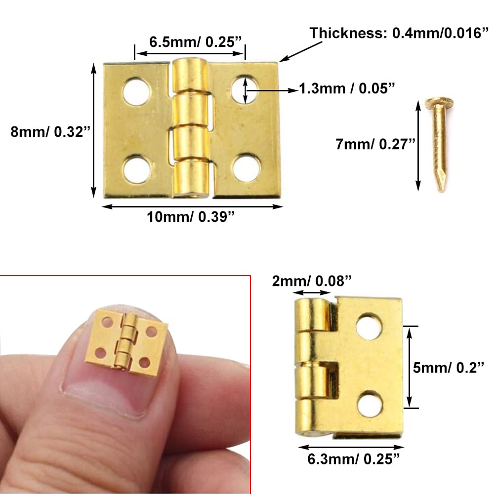 100Pcs Mini Brass Hinges 10x8mm - Tiny Gold Hinges for Miniature Furniture, Wooden Jewelry Box, Dollhouse Cabinet & DIY Crafts - 180 Degree Rotation with Mounting Nails - Perfect for Small Woodworking Projects, Model Making and Home Decor Accessories