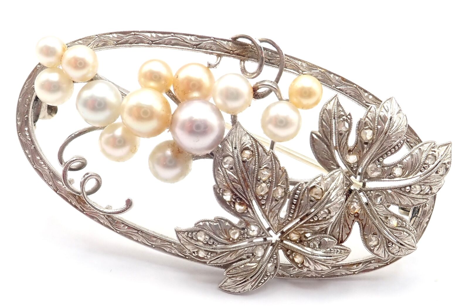 Authentic Mikimoto 14k White Gold Diamond Pearl Brooch Pin - Vintage Jewelry for Women, Elegant Gift for Brides, Anniversaries & Special Occasions