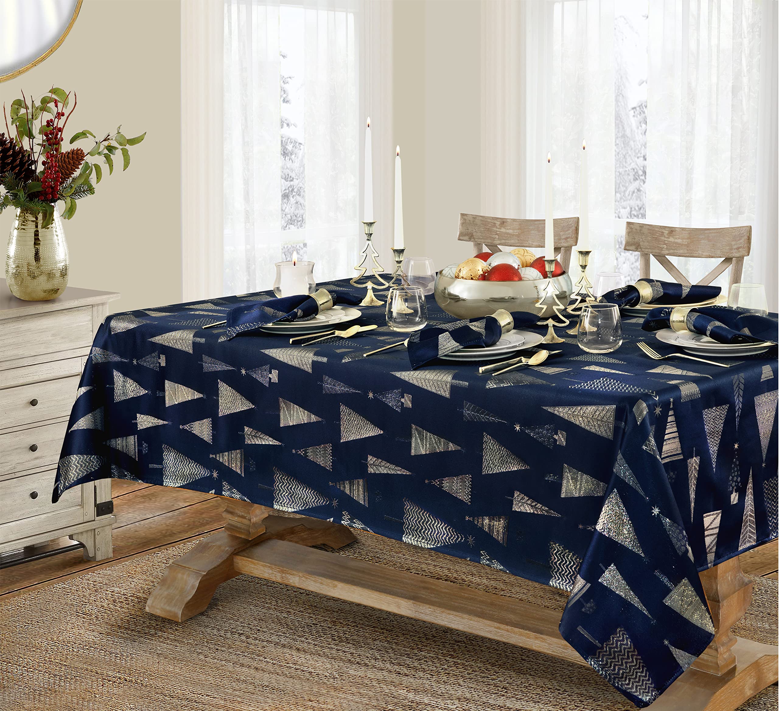 Newbridge Navy Blue & Gold Metallic Christmas Tree Holiday Tablecloth – Stain-Resistant, Wrinkle-Free, Easy Care 60 x 84 Inch Rectangle Table Cover for Dining Room, Party & Festive Decor