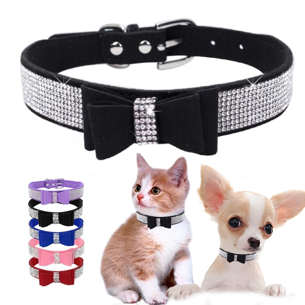 Sparkly Rhinestone Dog Collar with Bow - Adjustable Bling Jewelry Collar for Small to Medium Dogs & Cats - Perfect for Pet Fashion, Parties & Daily Walks (XXS, XS, S, M)