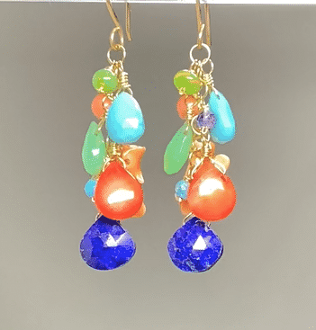 Exquisite Multi Gemstone Gold Dangle Earrings with Coral, Blue Lapis & Turquoise | Elegant Statement Jewelry for Women | Perfect for Parties, Weddings & Special Occasions