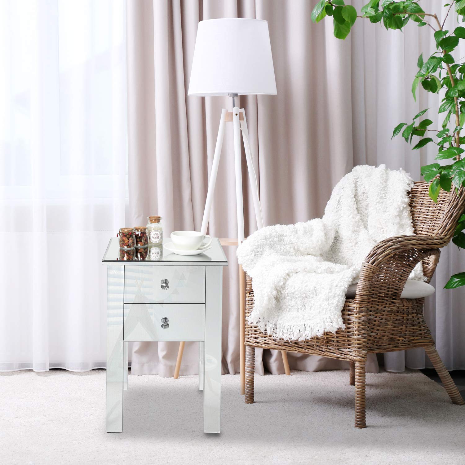 Mirrored Nightstand with 2 Drawers - Silver End Table with Crystal Handles for Bedroom & Living Room | Elegant Accent Table for Bedside, Sofa Side & Dressing Area
