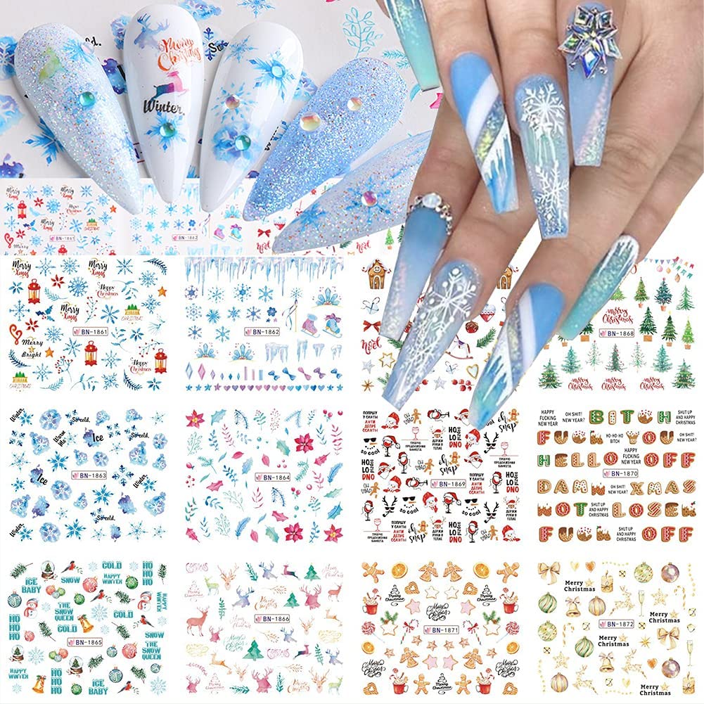Christmas Nail Art Stickers - 12PC Snowflake & Holiday Water Decals (Santa, Snowman, Bell, Tree, Reindeer) for Women - DIY Acrylic Nail Decorations - Perfect for Christmas Parties, Gift Wrapping & Winter Nail Designs