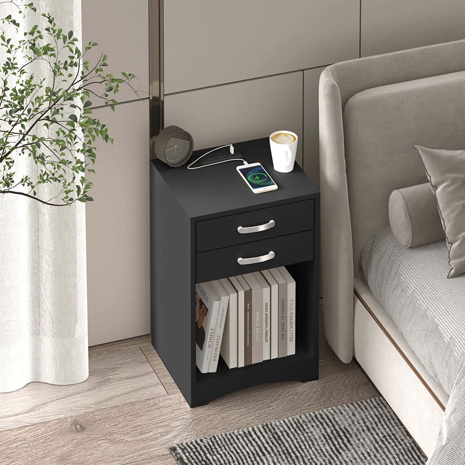 hosote Night Stands for Bedrooms Set of 2 - Black Nightstand with Charging Station, USB Ports & Power Outlets - Bedside Table with Storage Drawers - Perfect for Bedroom, Living Room, or Office Use