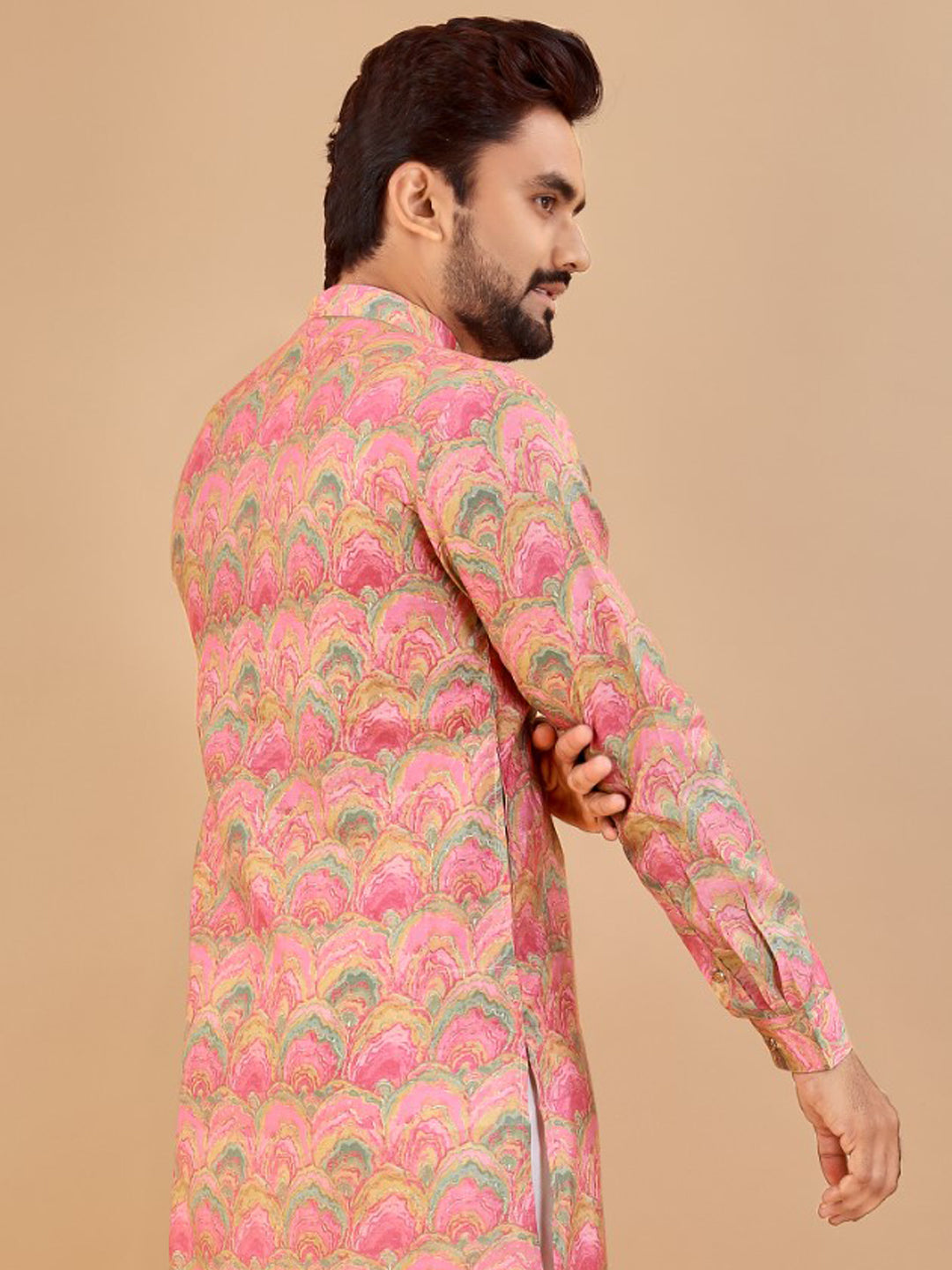 Men's Traditional Baby Pink Kurta Pajama Set with Foil Print - Ready to Wear Indian Ethnic Outfit for Weddings & Festivals