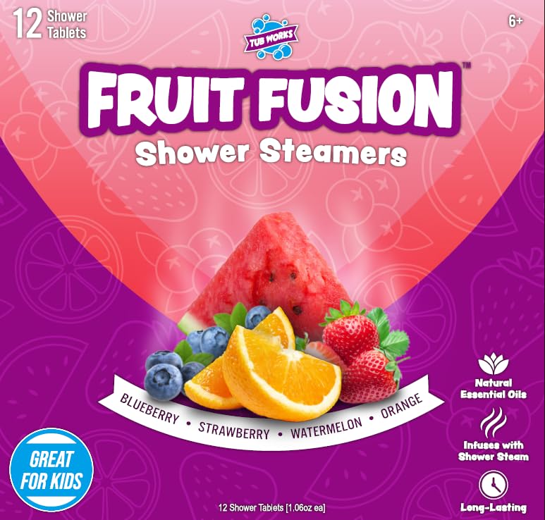 Tub Works® Fruit Fusion™ Kids Shower Steamers - 12 Pack Variety | Fresh & Fruity Aromatherapy Shower Bombs | Sensory Bath Alternative for Children | Perfect for Relaxing Bath Time, Birthday Gifts & Spa Day Fun