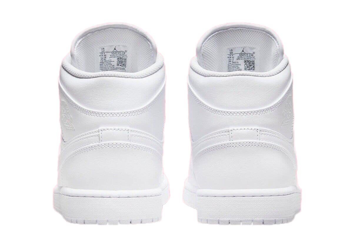 Nike Jordan Men's Air 1 Mid Sneakers - Size 12 White/White-White | Basketball Shoes for Men | Perfect for Streetwear & Casual Wear